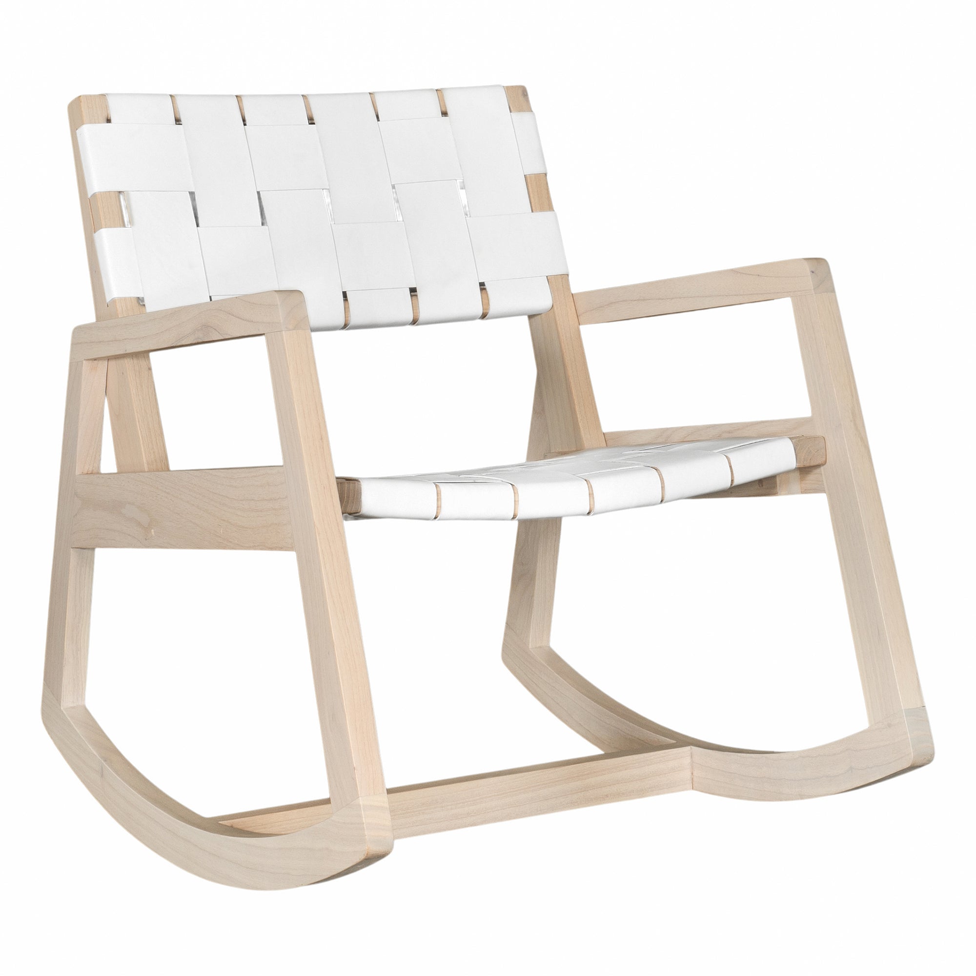 A stylish natural wood rocking chair featuring a woven white leather seat and backrest, blending modern design with organic textures