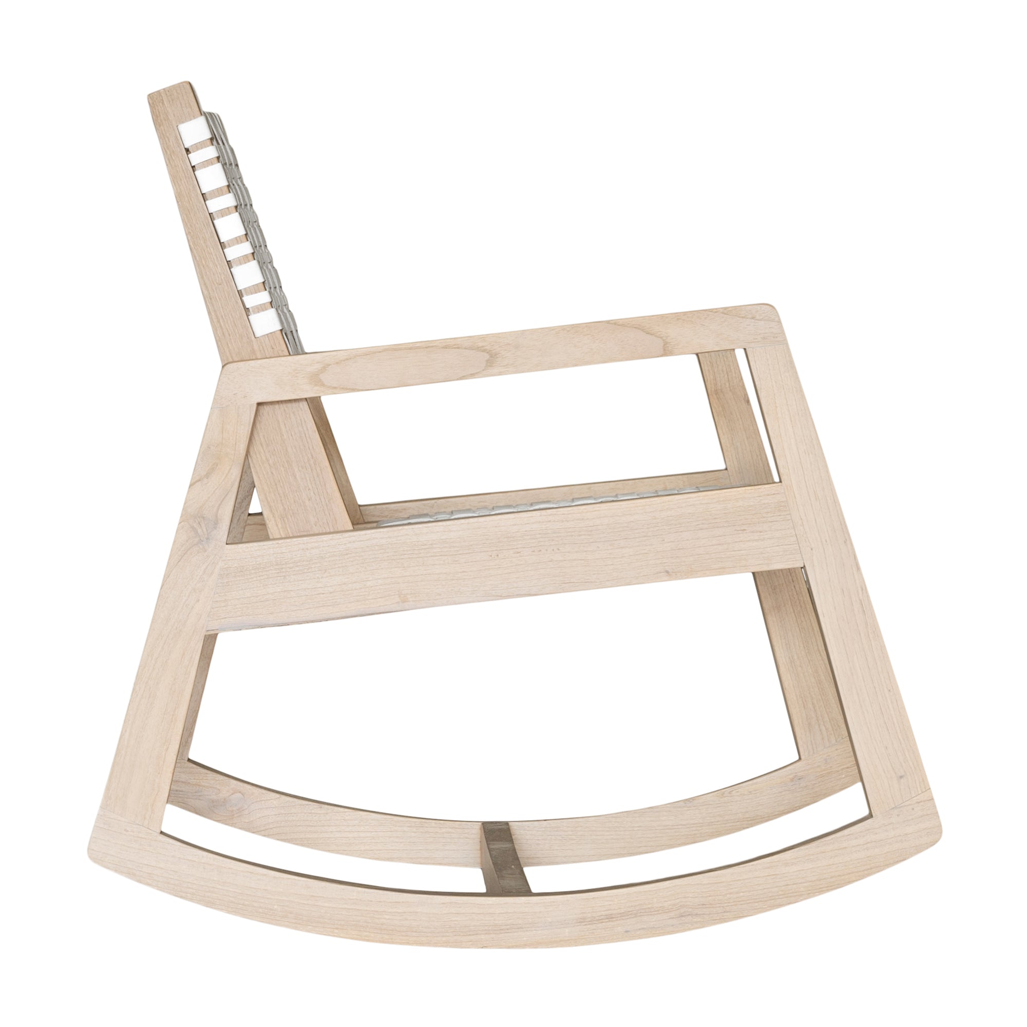A stylish natural wood rocking chair featuring a woven white leather seat and backrest, blending modern design with organic textures