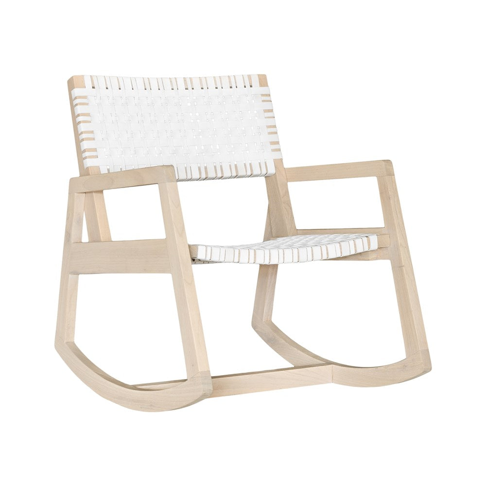 A stylish natural wood rocking chair featuring a woven white leather seat and backrest, blending modern design with organic textures