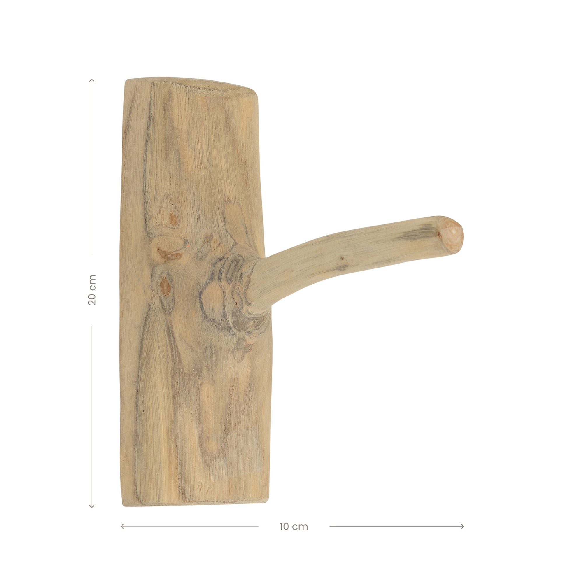A handcrafted natural wood wall hook with a rustic finish, showcasing organic grain patterns and a sturdy design. Perfect for hanging towels, bags, or decor in a minimalist or coastal-inspired space
