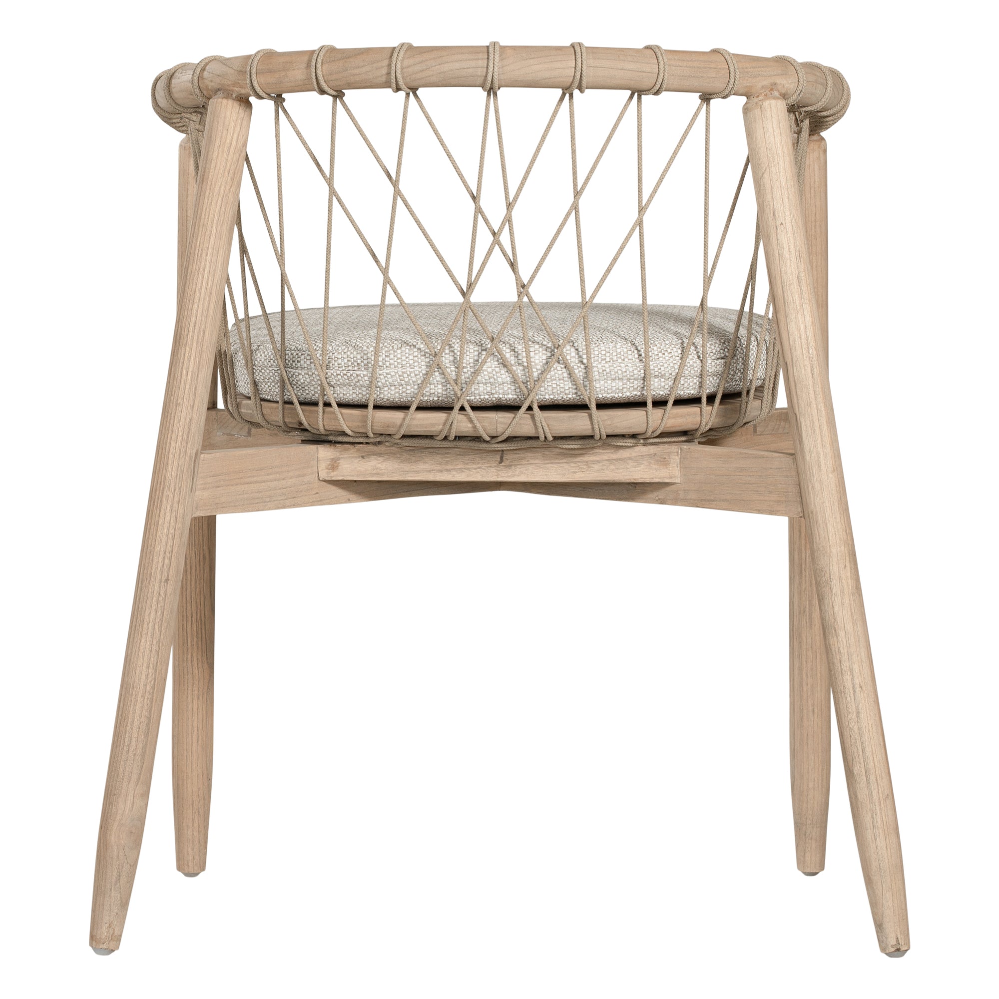 Modern natural wooden dining chair with woven rope backrest and cushioned seat, perfect for contemporary lounge settings
