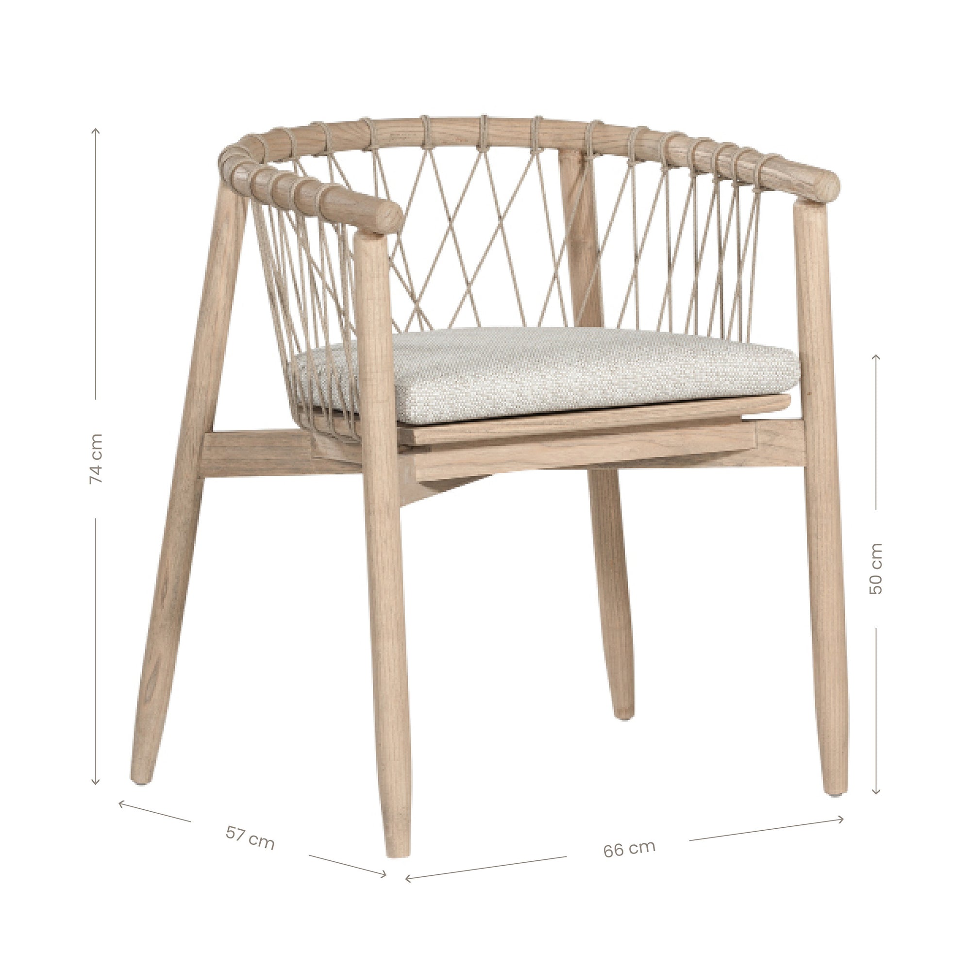 Modern natural wooden dining chair with woven rope backrest and cushioned seat, perfect for contemporary lounge settings
