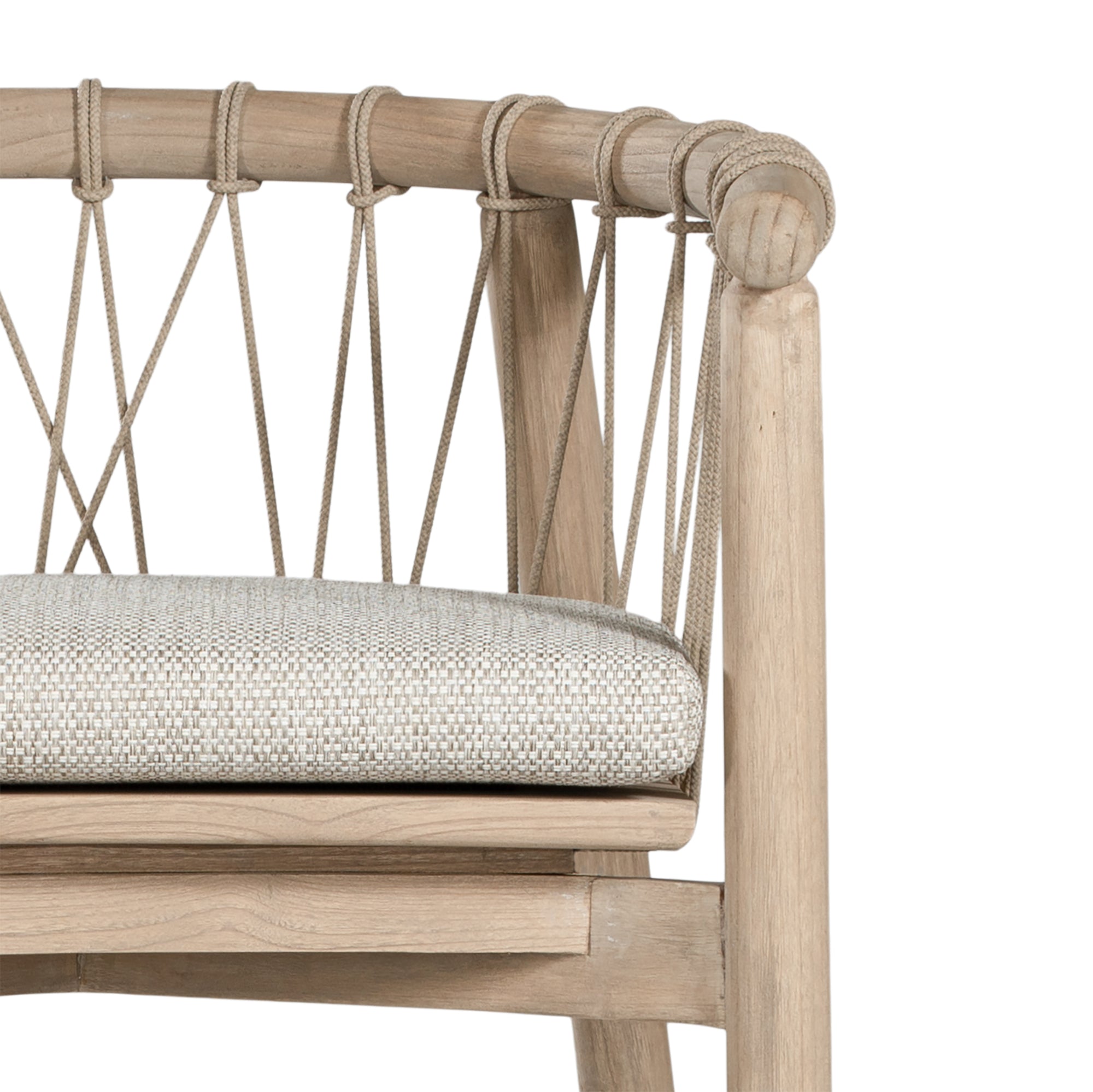 Modern natural wooden dining chair with woven rope backrest and cushioned seat, perfect for contemporary lounge settings