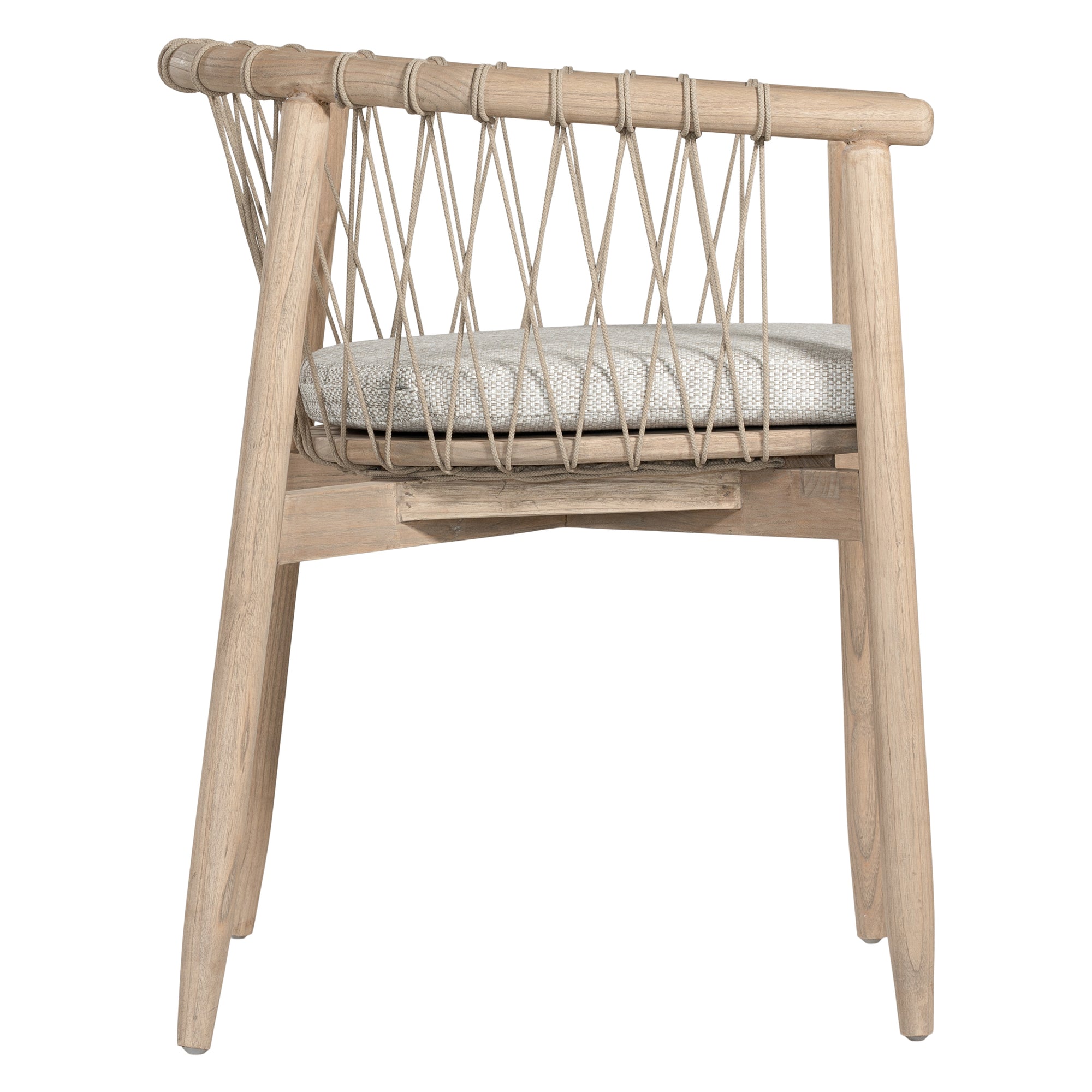 Modern natural wooden dining chair with woven rope backrest and cushioned seat, perfect for contemporary lounge settings