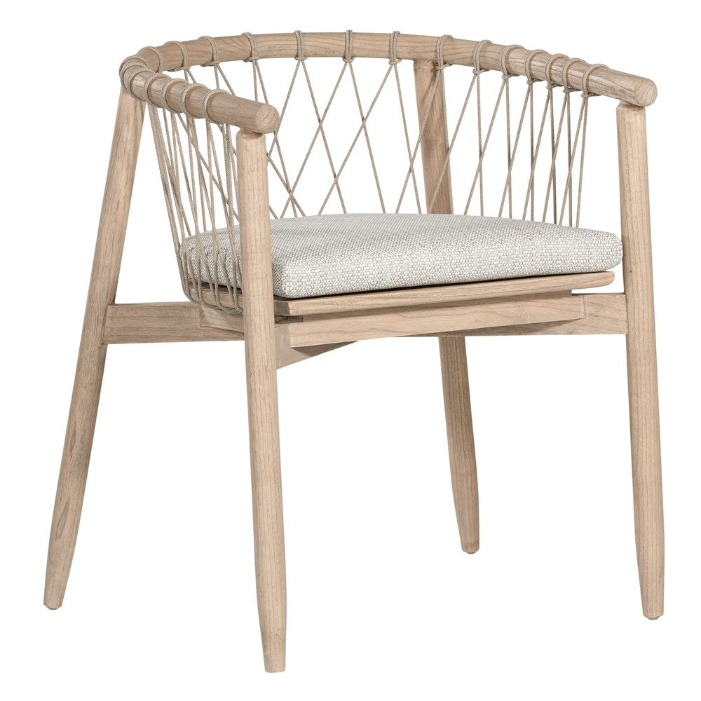 Modern natural wooden dining chair with woven rope backrest and cushioned seat, perfect for contemporary lounge settings