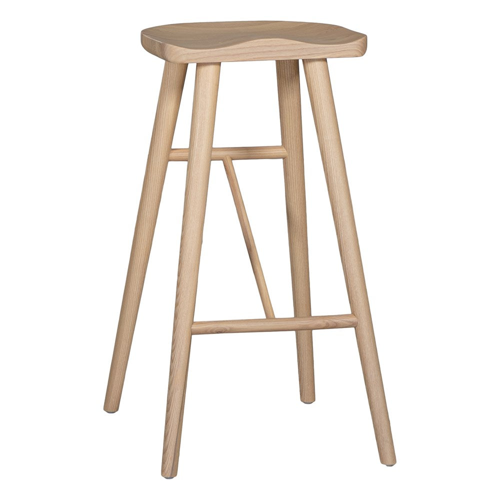 Natural wooden bar stool with sleek modern design and contoured seat, perfect for contemporary kitchen or bar settings