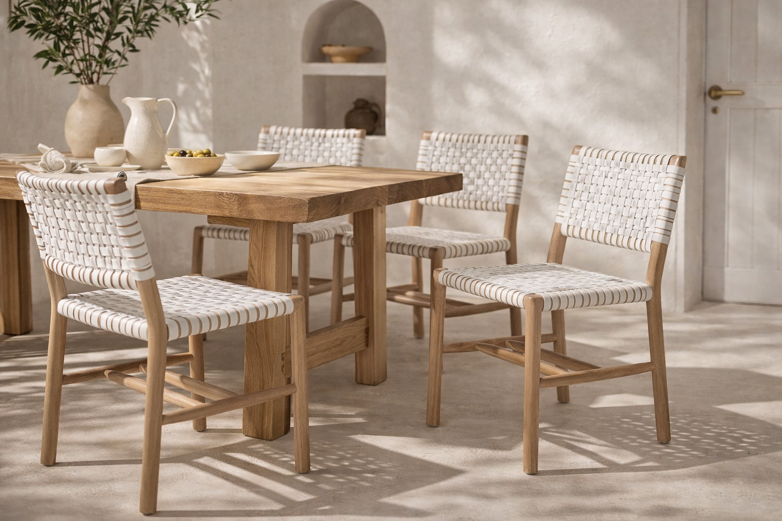 Nayasa dining chairs with woven rope seats and backrests in natural timber, styled around a solid wood dining table in a warm neutral interior.