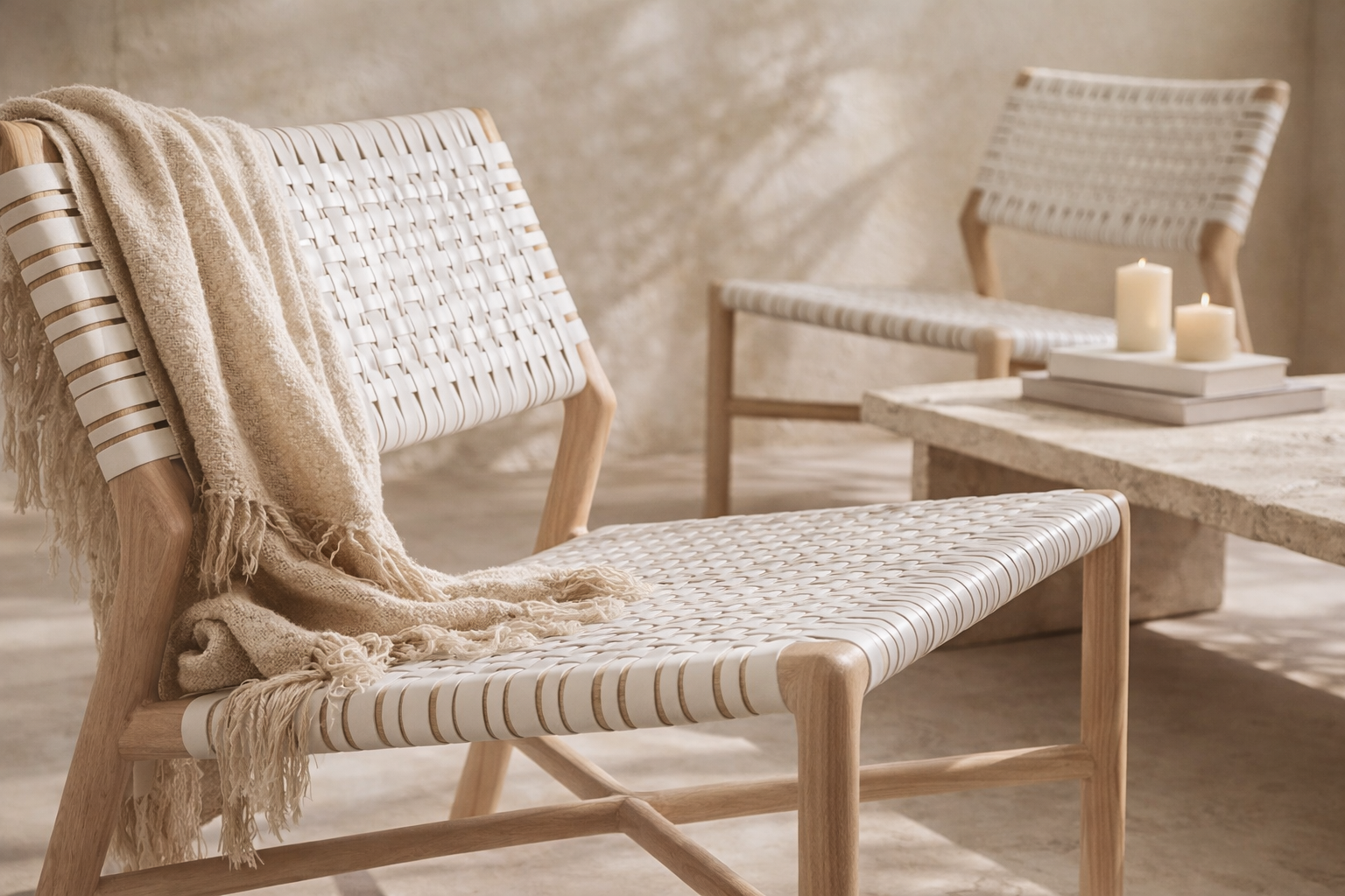 Nayasa occasional chair with woven rope seat and backrest in natural timber, styled in a warm neutral interior with soft throw and stone coffee table.