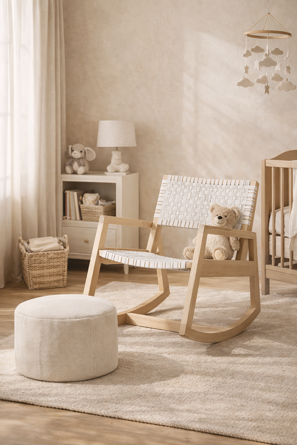 Nayasa timber rocking chair with white woven seat styled in a soft neutral nursery with textured rug and natural light
