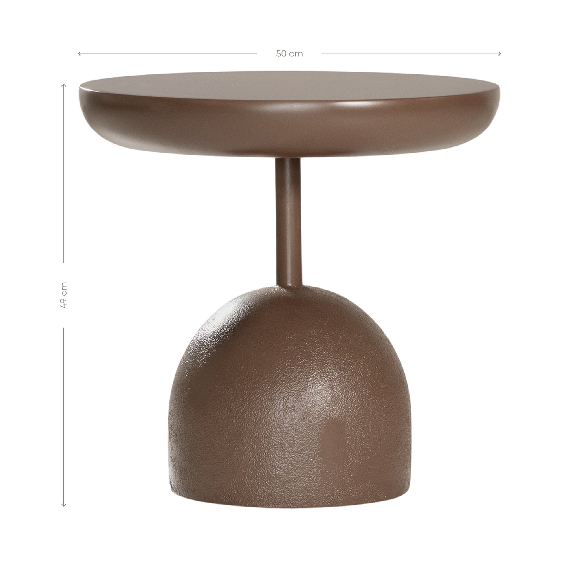 Chocolate brown Neri side table with a rounded pedestal base and smooth circular top, shown against a neutral background.