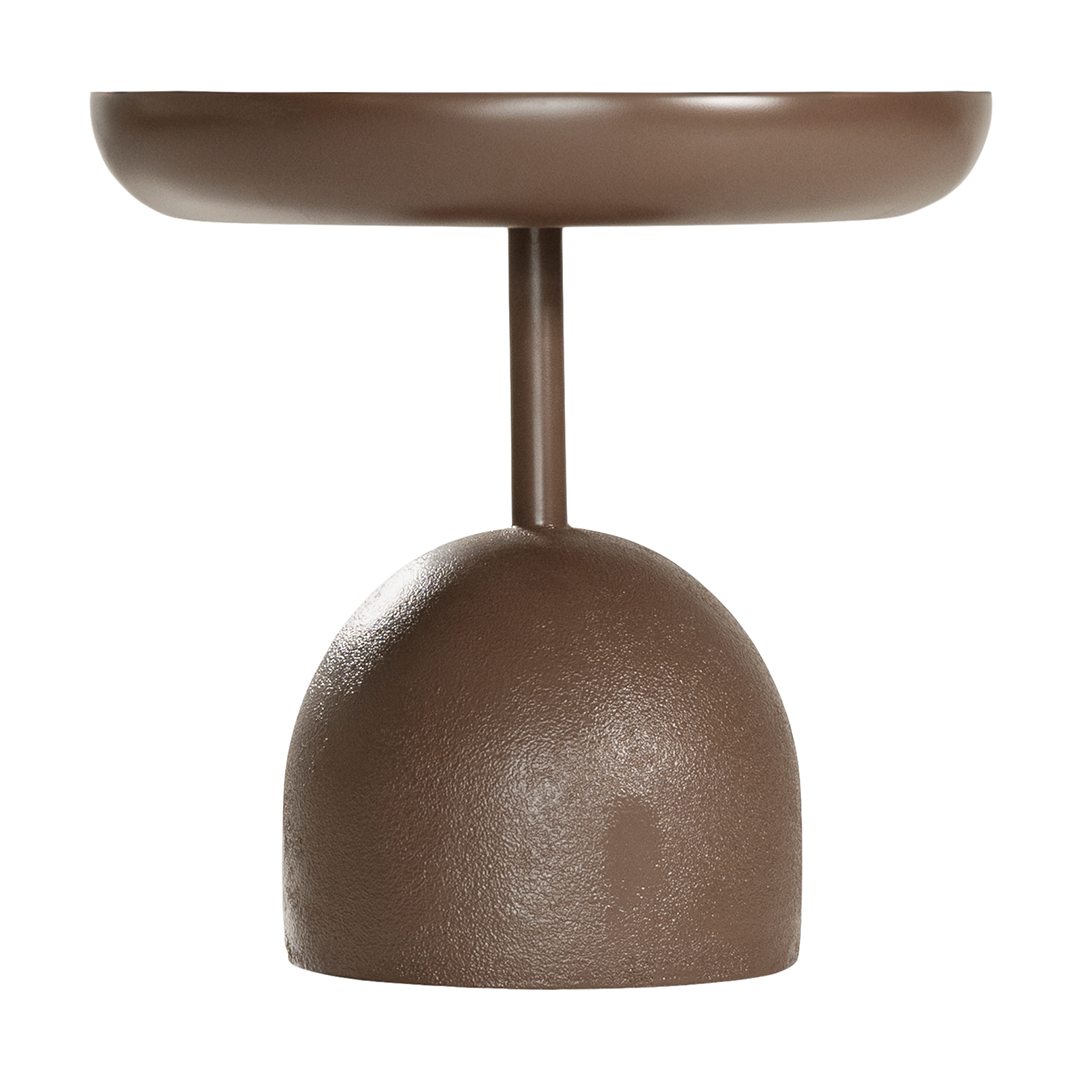 Chocolate brown Neri side table with a rounded pedestal base and smooth circular top, shown against a neutral background.