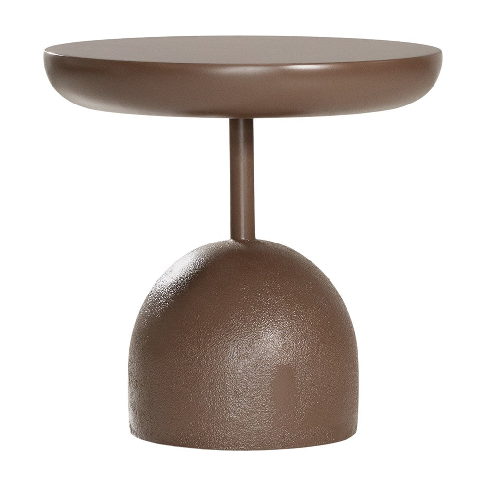 Chocolate brown Neri side table with a rounded pedestal base and smooth circular top, shown against a neutral background.