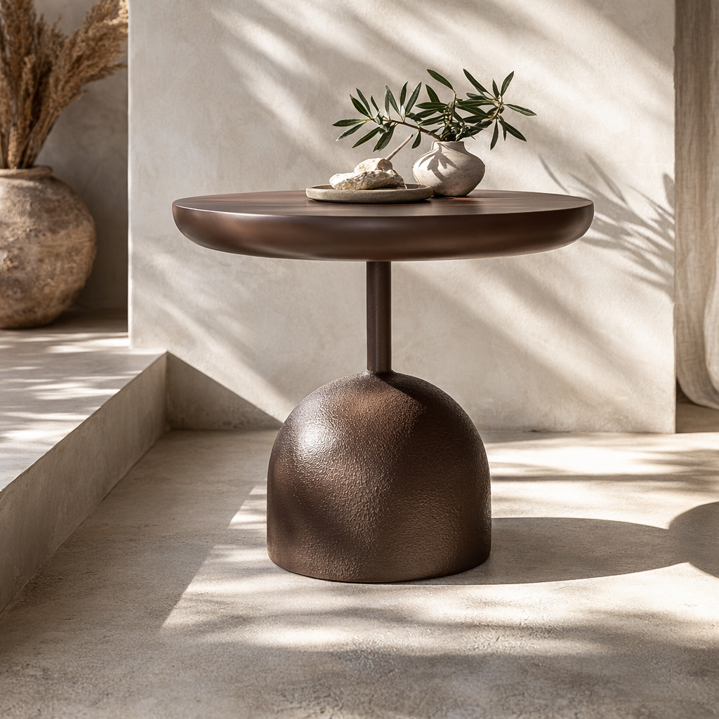 Chocolate brown Neri side table styled in a soft coastal setting with warm sunlight, textured walls and natural ceramic decor on top.