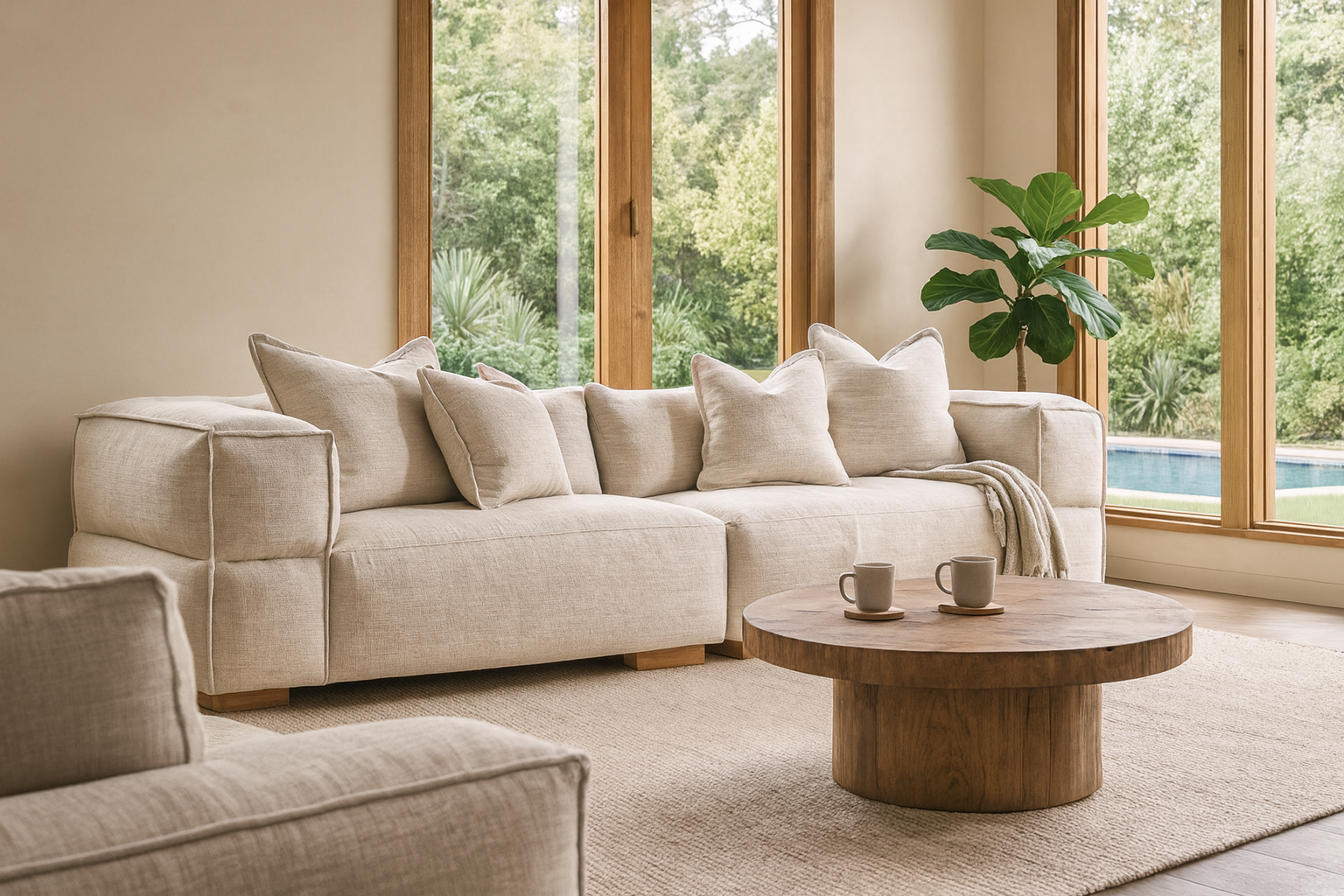 Neutral linen sectional sofa styled with scatter cushions, paired with a round oak coffee table in a light-filled living room overlooking the garden and pool