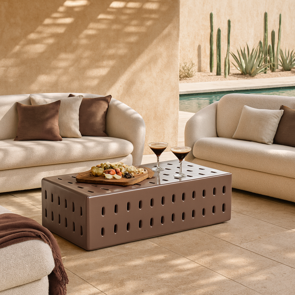 Niche Coffee Table in chocolate styled in an outdoor lounge setting with two curved cream sofas, neutral cushions, and a poolside backdrop.