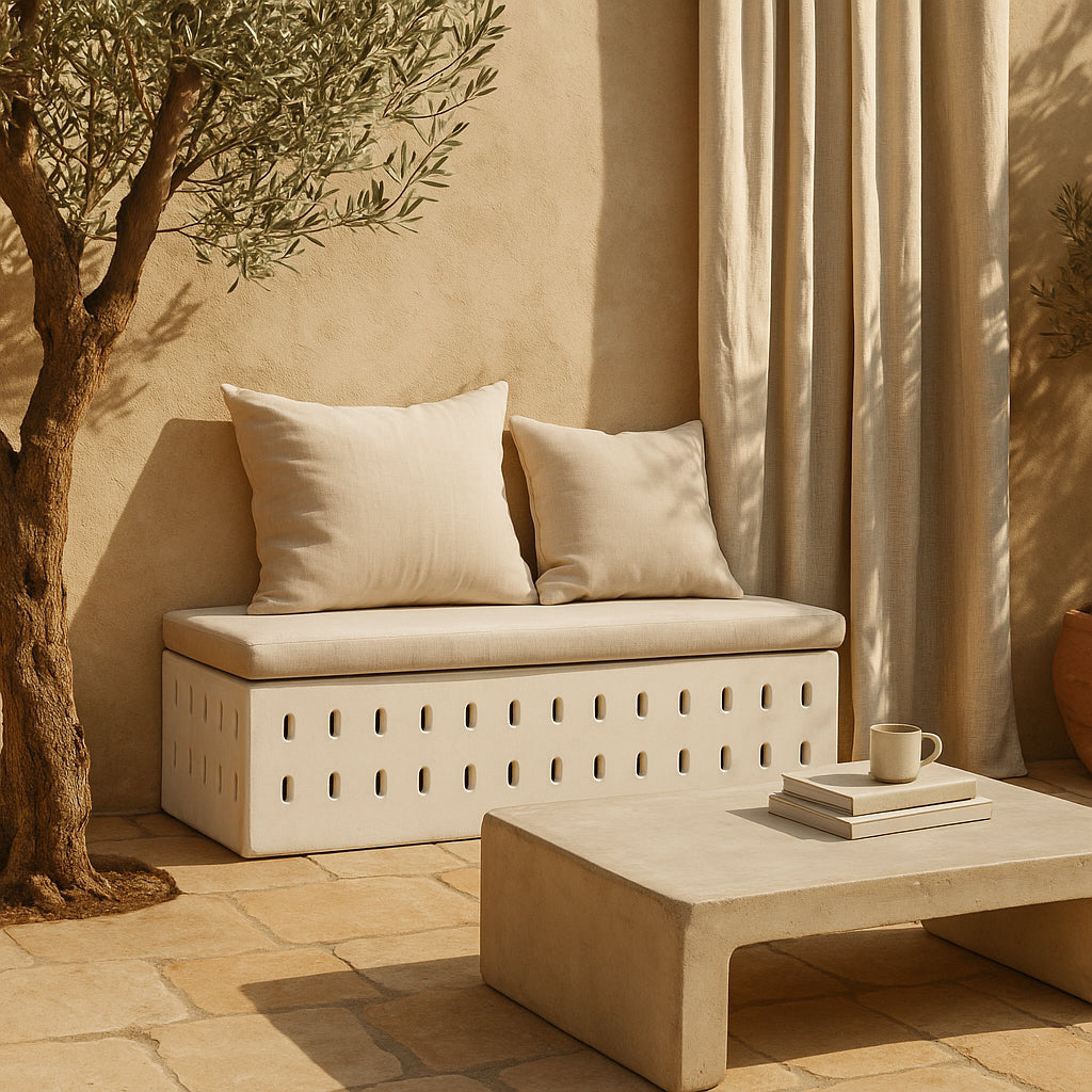 Niche Coffee Table in a low rectangular form with curved edges, styled in an outdoor setting with a sculptural bench seat and soft neutral cushions