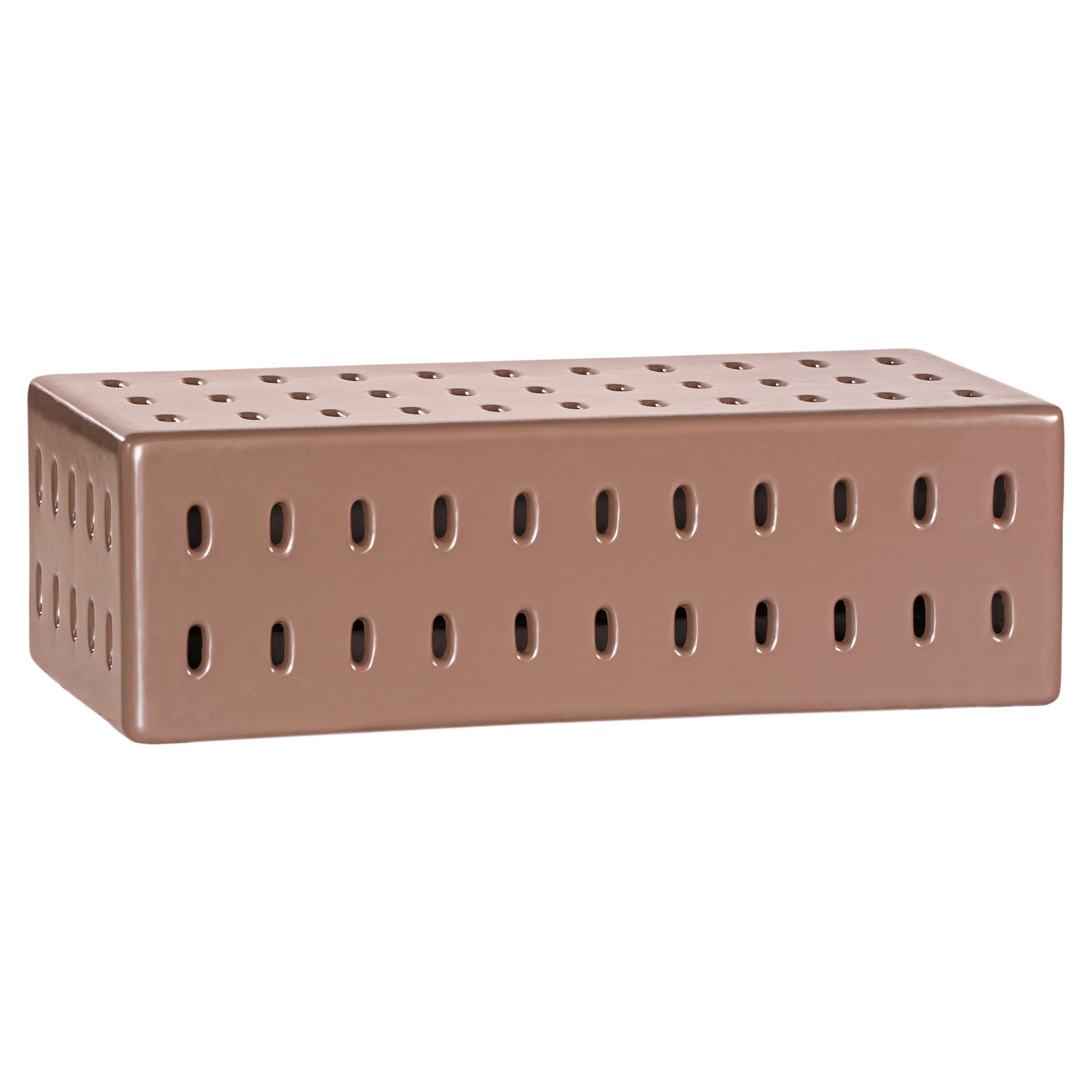 Niche coffee table in penny finish with rectangular form and perforated detailing across the surface and sides.