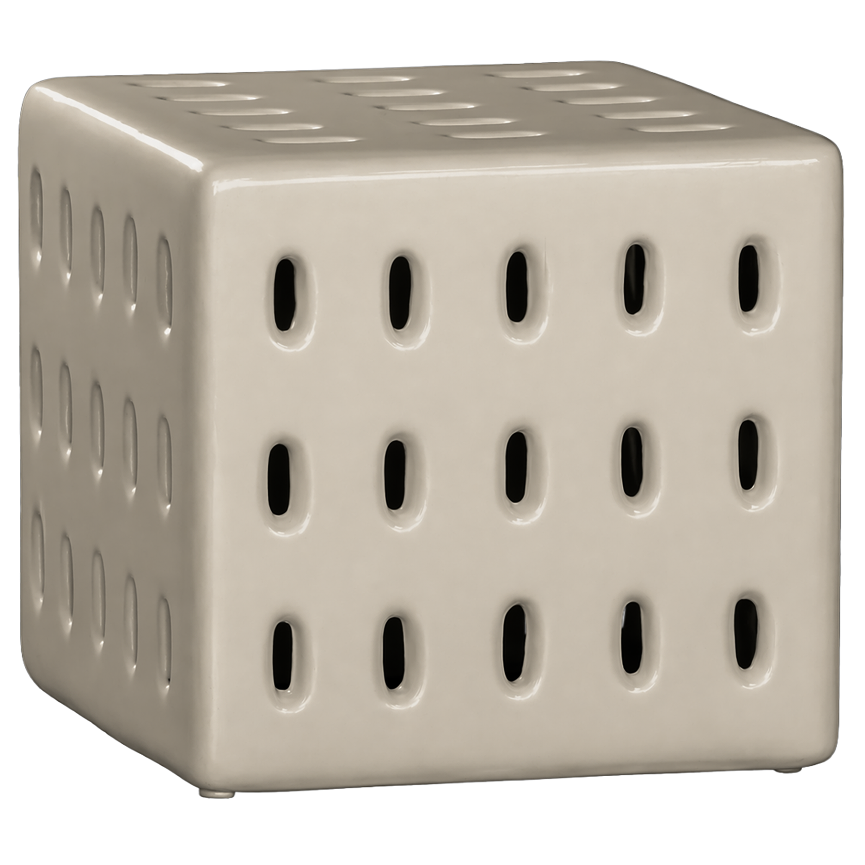 Niche side table in sand finish with perforated detailing creating a sculptural form with soft tonal warmth.