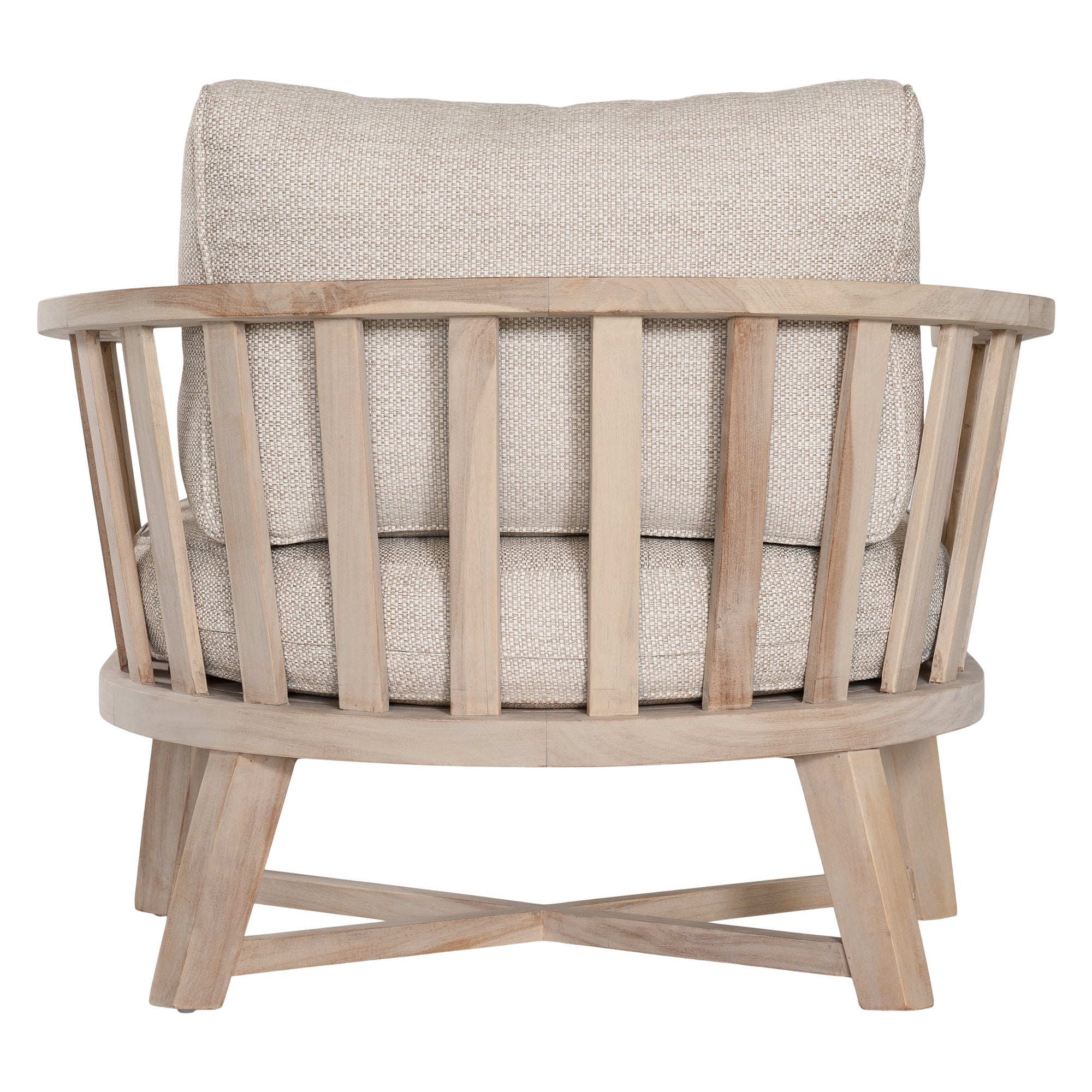 Nikki Beach Occasional Chair with natural timber frame and neutral upholstered cushions, showcasing a modern coastal design
