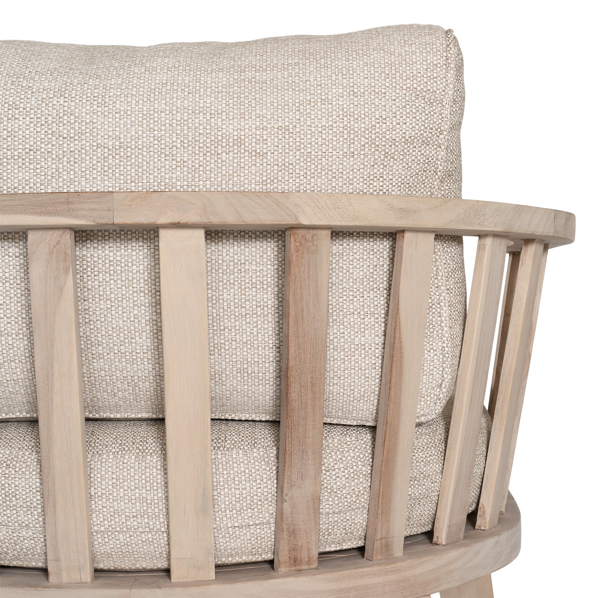 Nikki Beach Occasional Chair with natural timber frame and neutral upholstered cushions, showcasing a modern coastal design