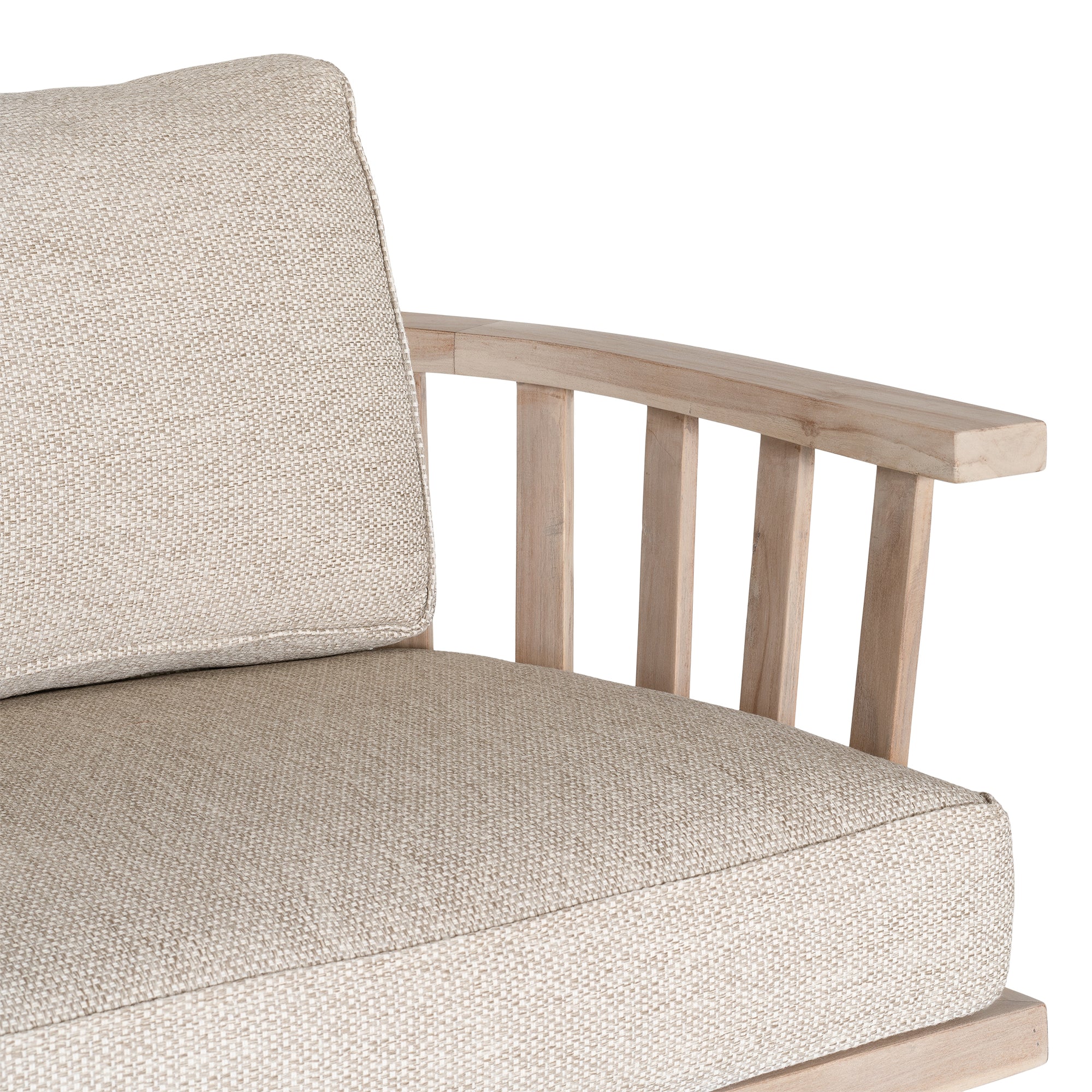 Nikki Beach Occasional Chair with natural timber frame and neutral upholstered cushions, showcasing a modern coastal design