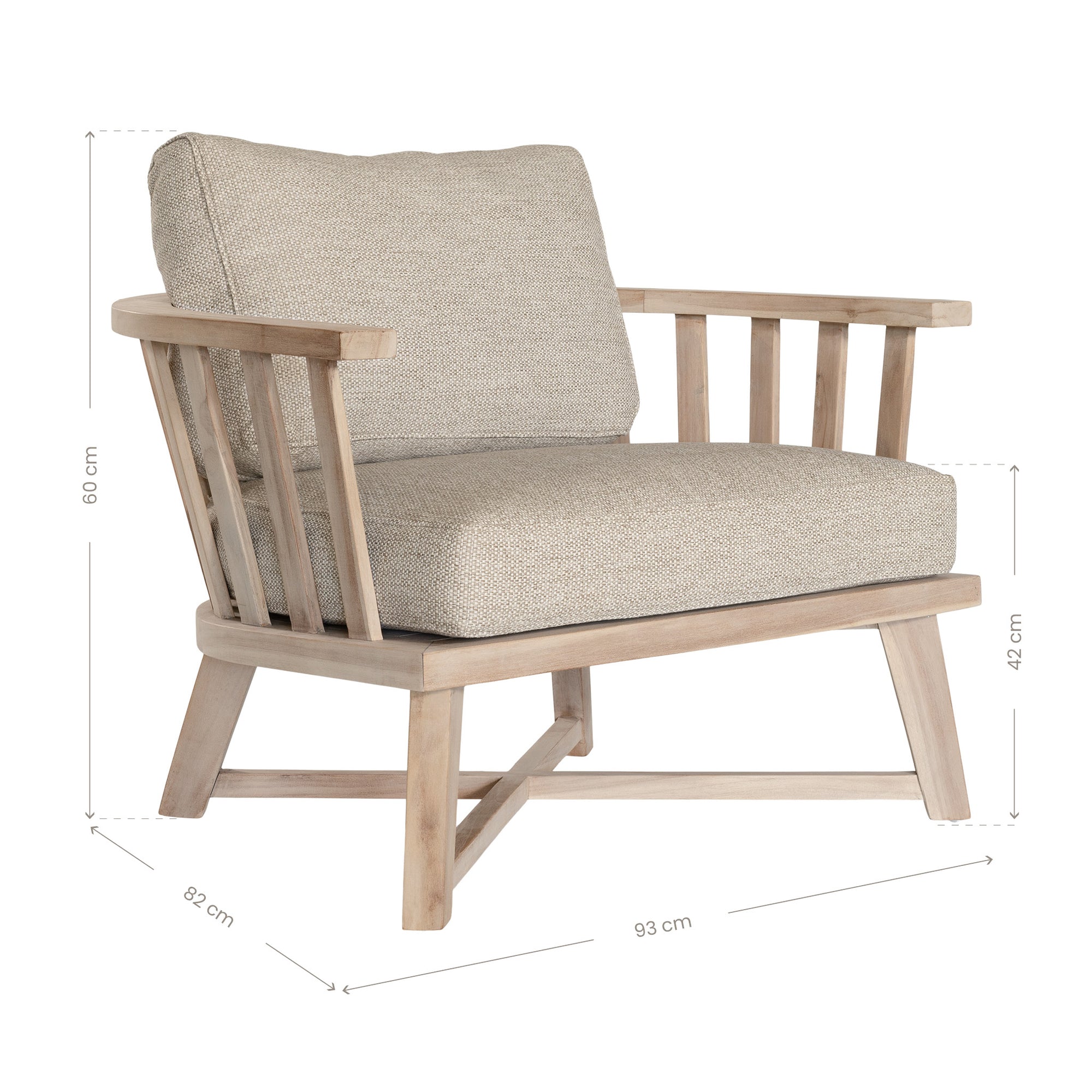 Nikki Beach Occasional Chair with natural timber frame and neutral upholstered cushions, showcasing a modern coastal design