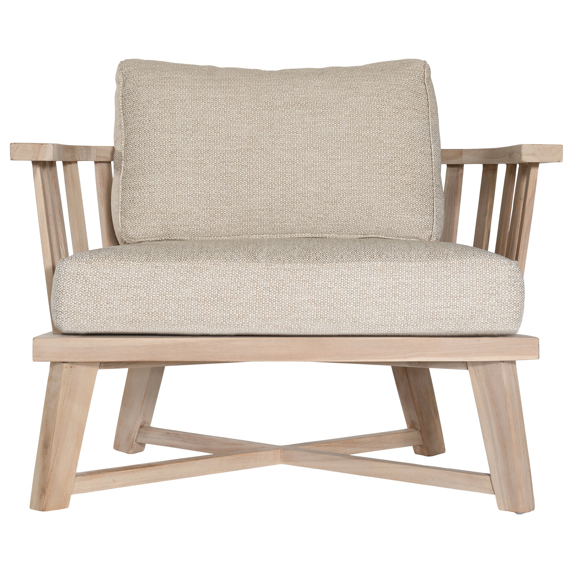 Nikki Beach Occasional Chair with natural timber frame and neutral upholstered cushions, showcasing a modern coastal design