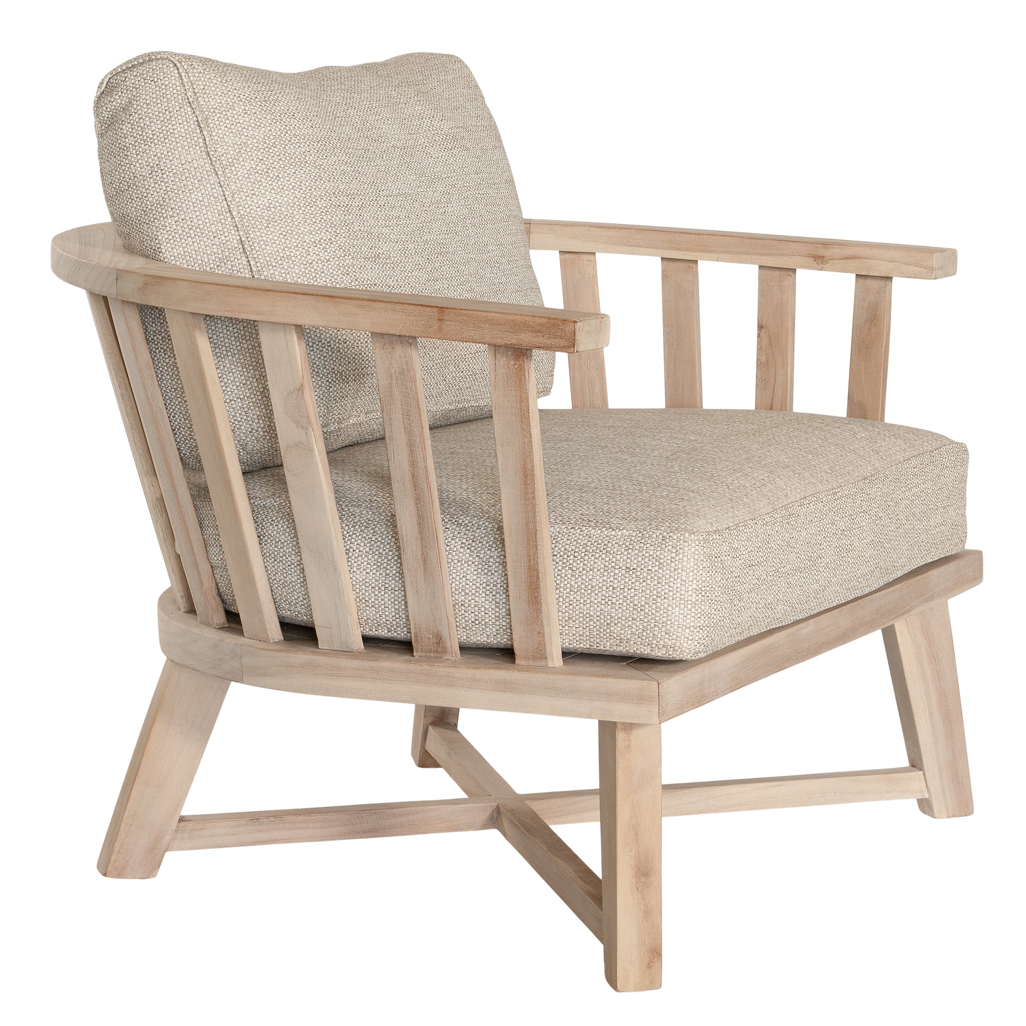 Nikki Beach Occasional Chair with natural timber frame and neutral upholstered cushions, showcasing a modern coastal design