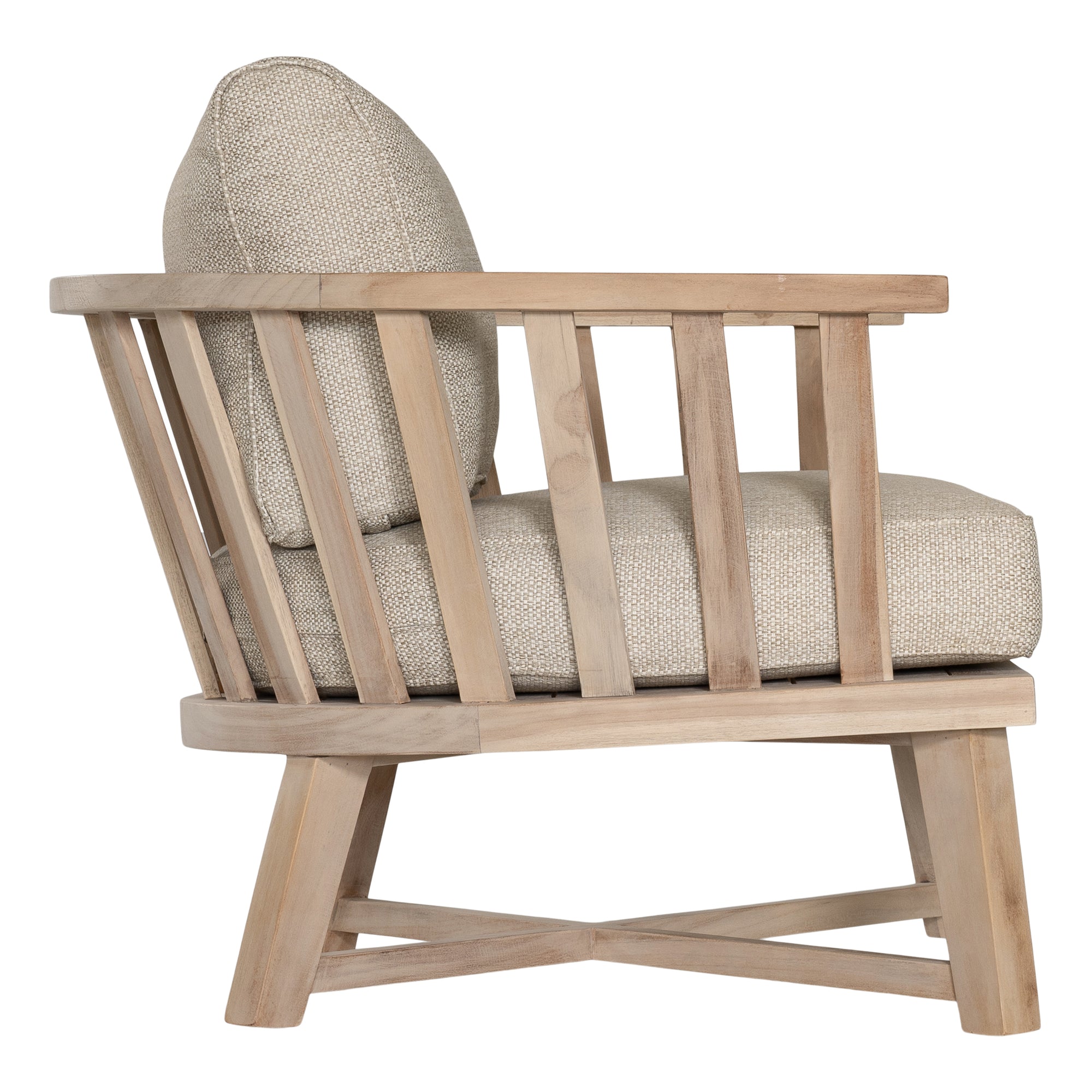 Nikki Beach Occasional Chair with natural timber frame and neutral upholstered cushions, showcasing a modern coastal design