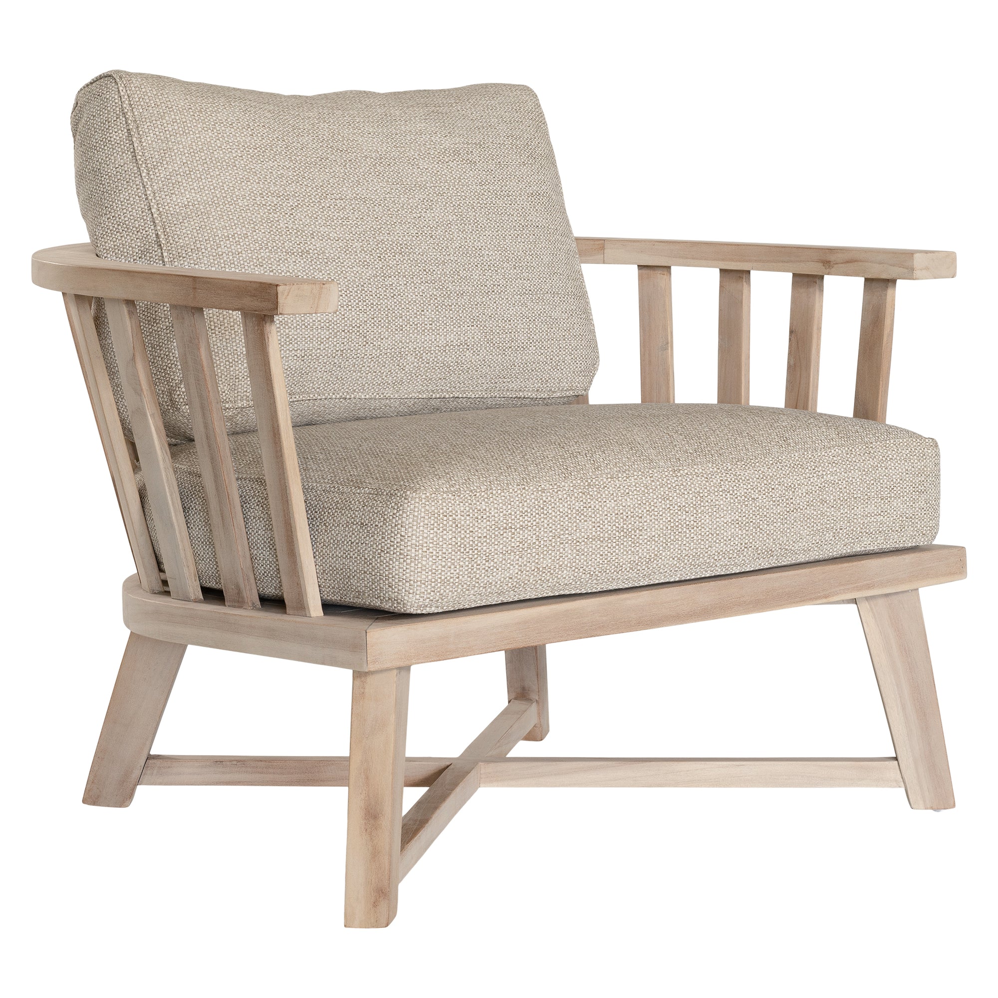 Nikki Beach Occasional Chair with natural timber frame and neutral upholstered cushions, showcasing a modern coastal design