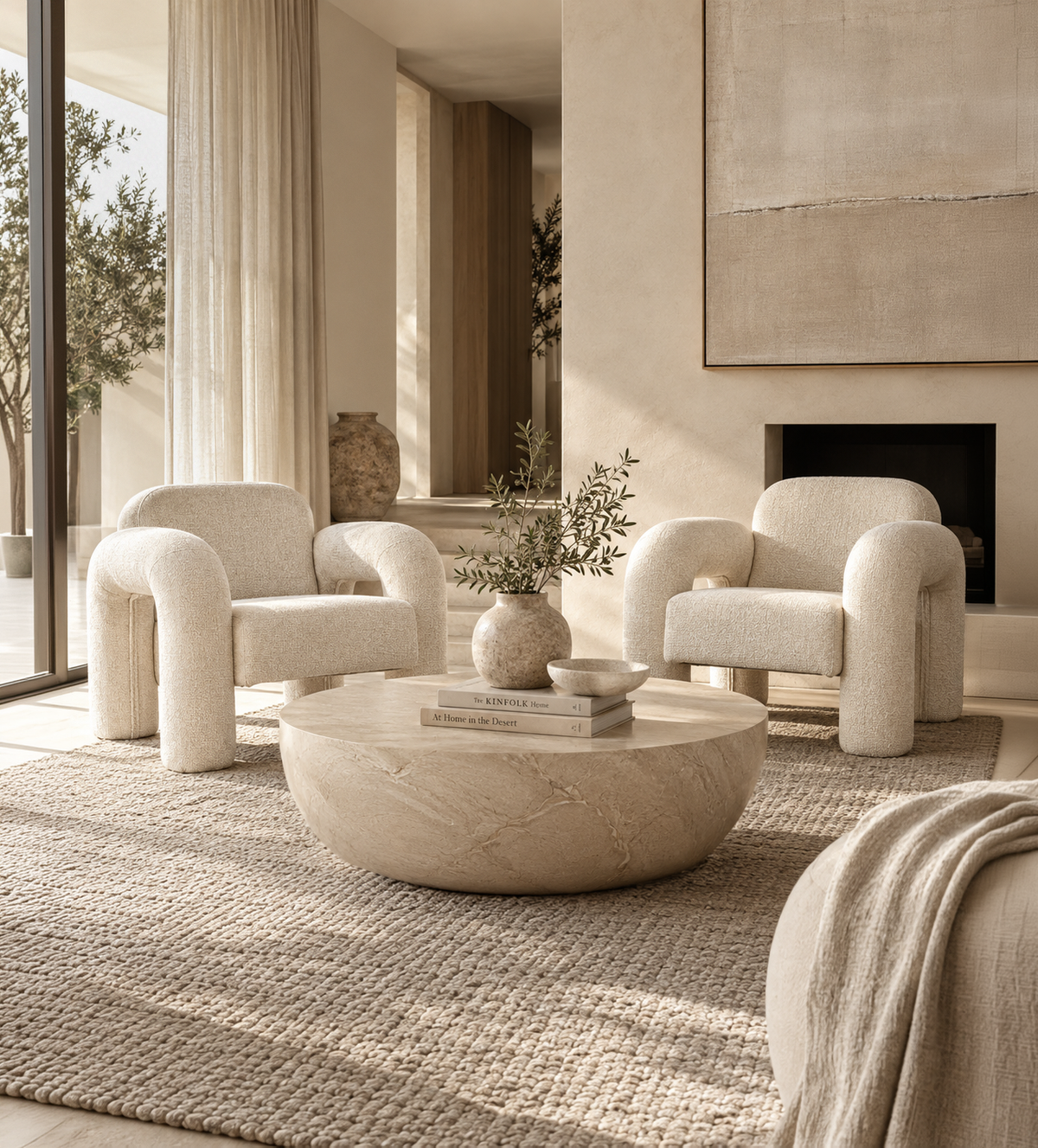 Noah Occasional Chairs in Pearl styled in a warm neutral living room with sculptural curved forms, soft textured upholstery and natural contemporary interiors.