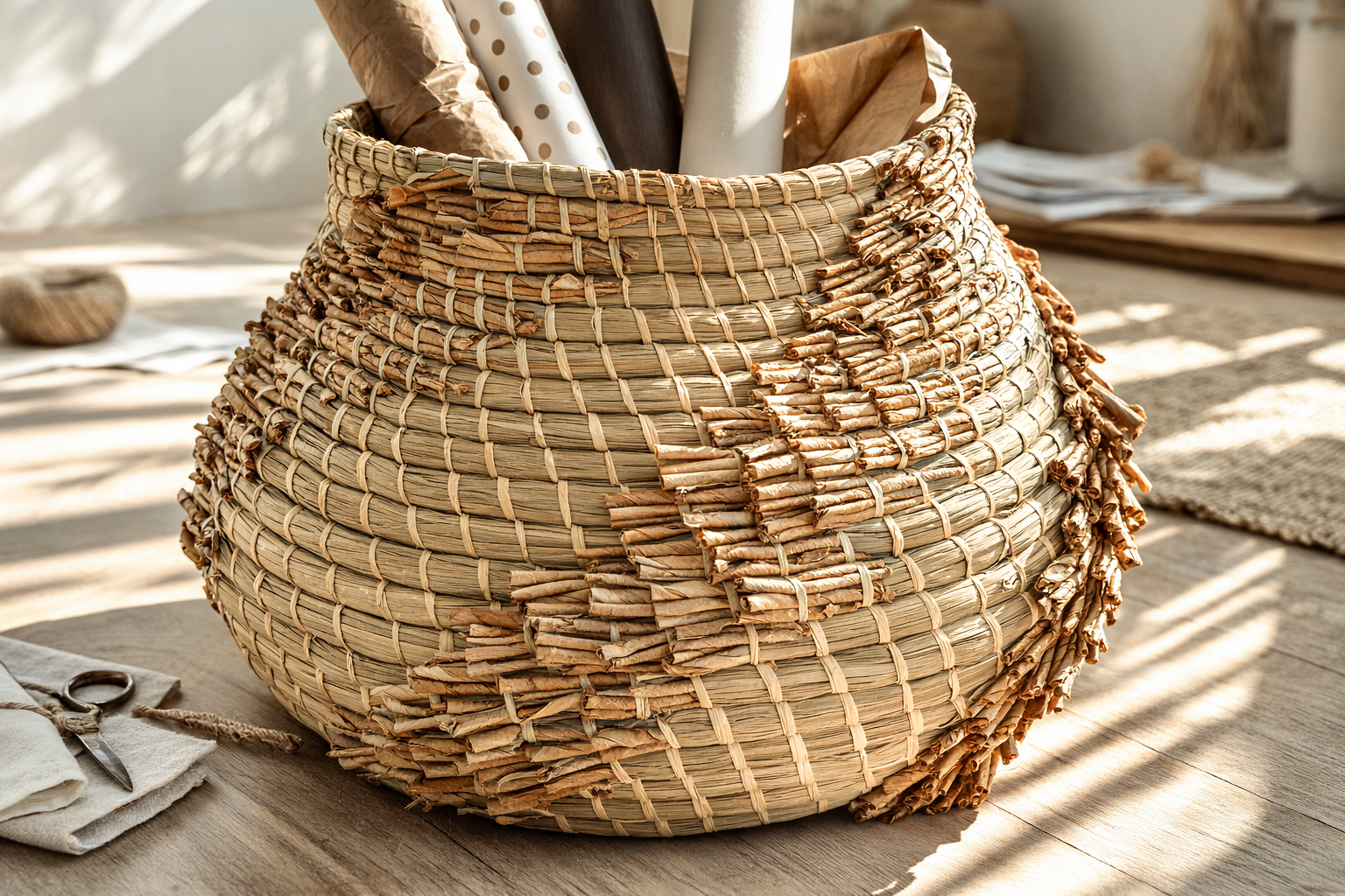 Handwoven Nokosi basket in natural fibres with layered textured detailing, styled with wrapping paper and warm sunlit coastal decor.