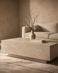 Nulusi coffee table in dune hydro dipped finish with rectangular block form styled in a warm neutral living space.