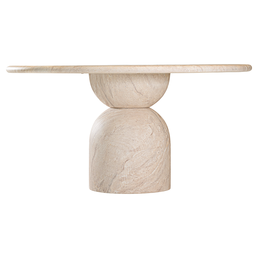 Nuru dining table in dune hydro dipped finish with round tabletop and sculptural stacked pedestal base.