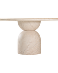 Nuru dining table in dune hydro dipped finish with round tabletop and sculptural stacked pedestal base.