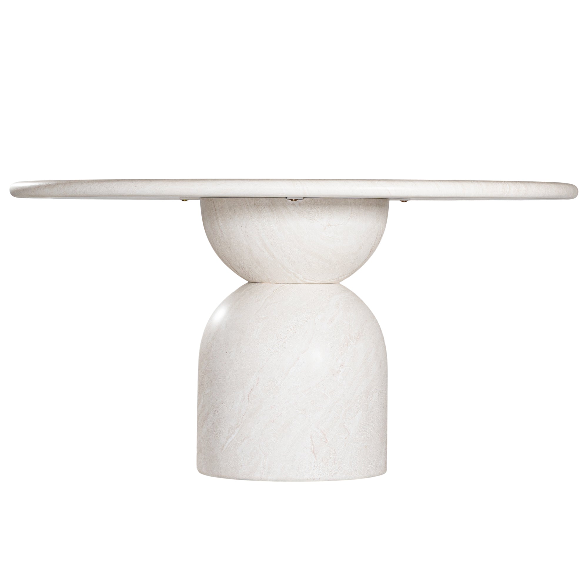 Nuru dining table in eggshell finish with round stone top and sculptural pedestal base isolated on a light background