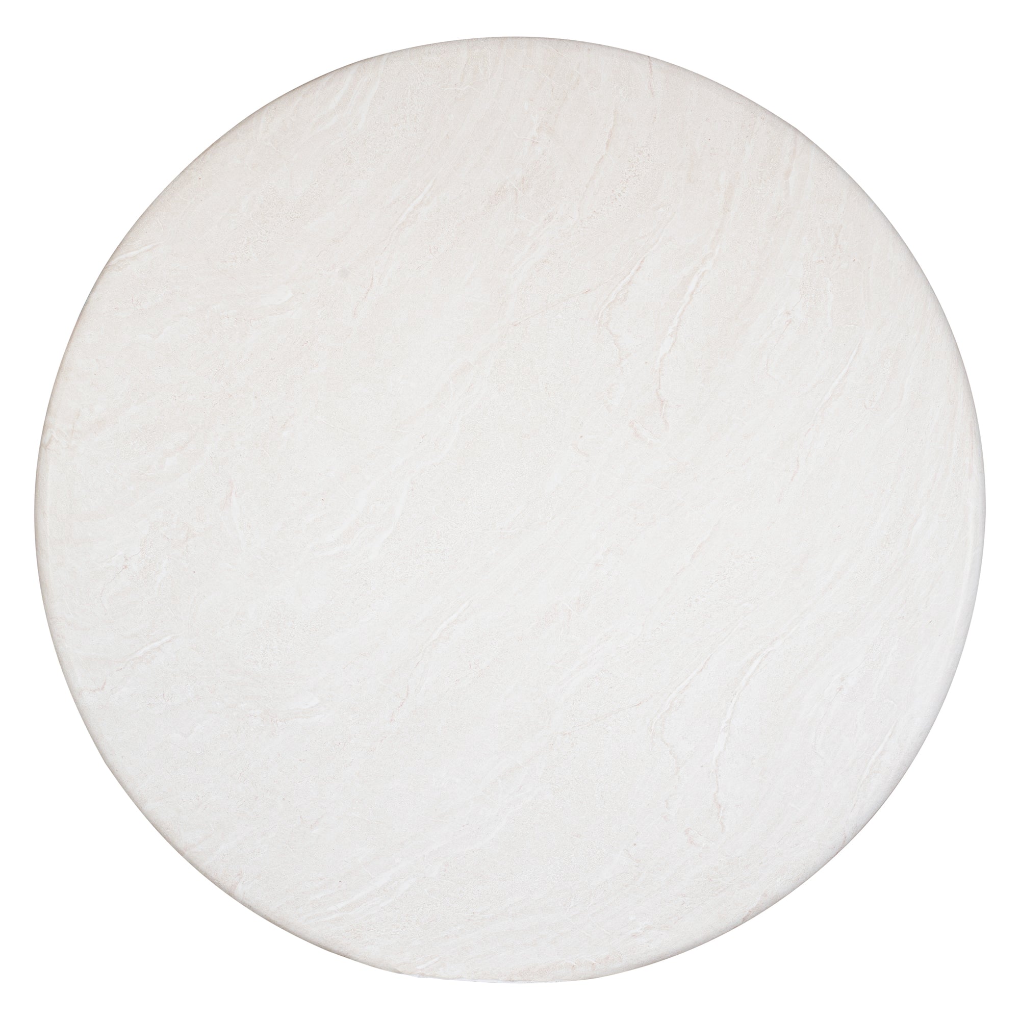 Nuru dining table in eggshell finish with round stone top and sculptural pedestal base isolated on a light background