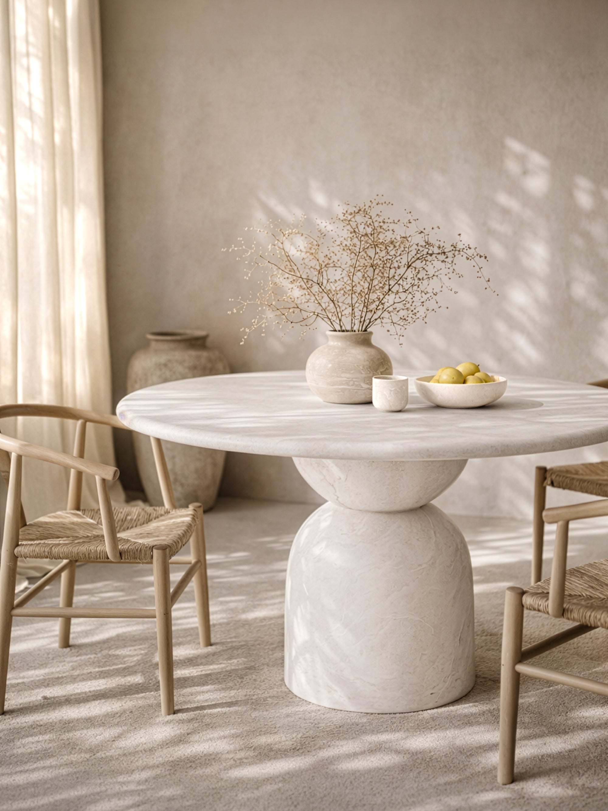 Nuru dining table in eggshell finish with sculptural base styled in a soft sunlit dining room with natural textures and woven chairs.