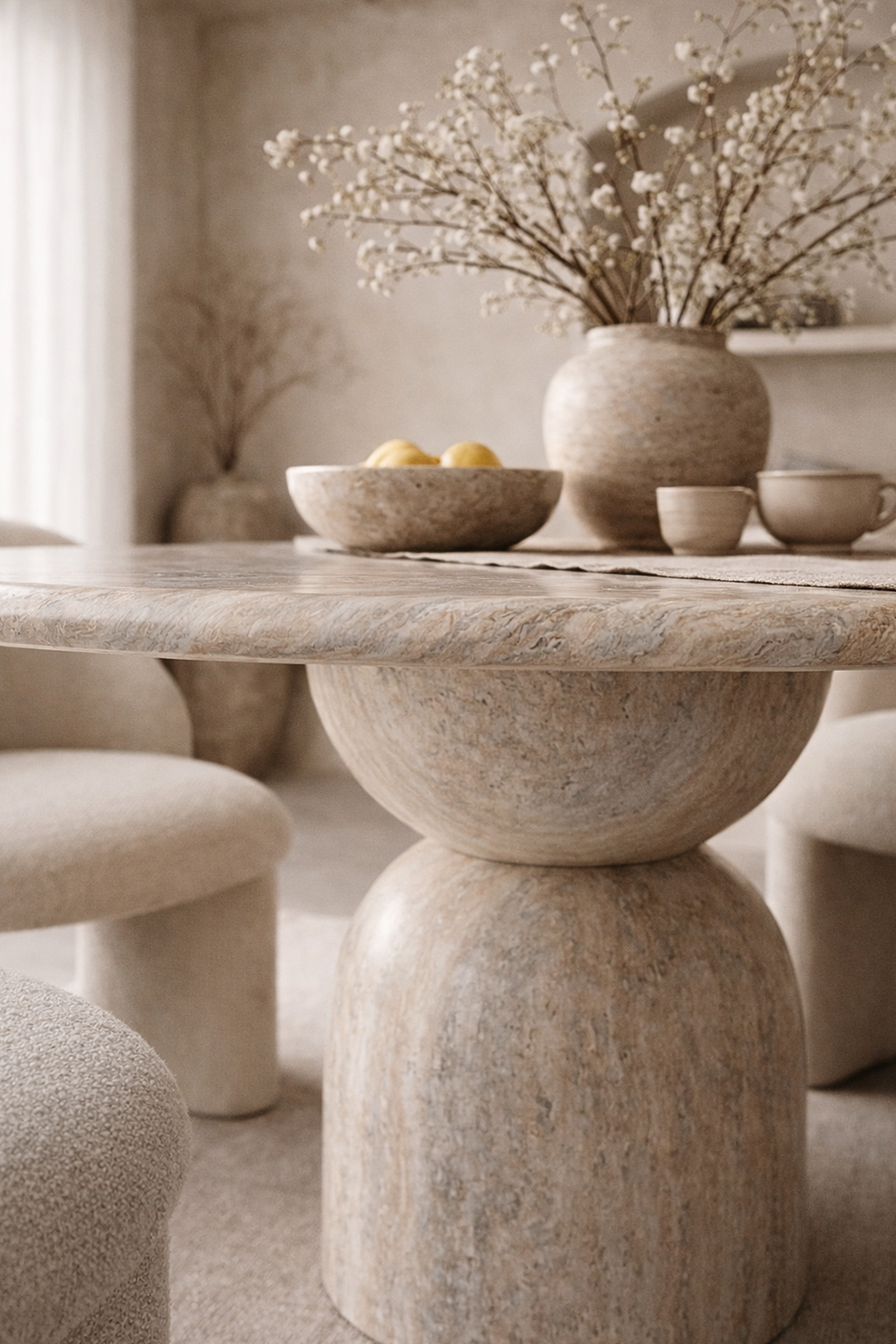 Nuru dining table in stone hydro dipped finish with round top and sculptural pedestal base styled in a soft neutral dining room with textured chairs.