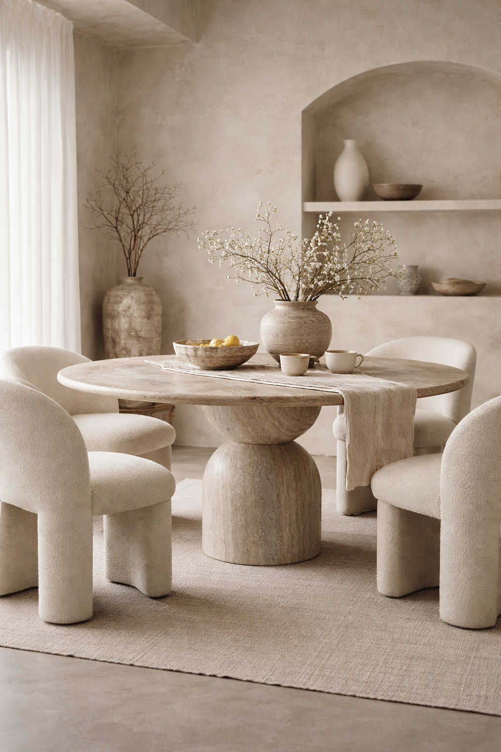 Nuru dining table in stone hydro dipped finish with round top and sculptural pedestal base styled in a soft neutral dining room with textured chairs.
