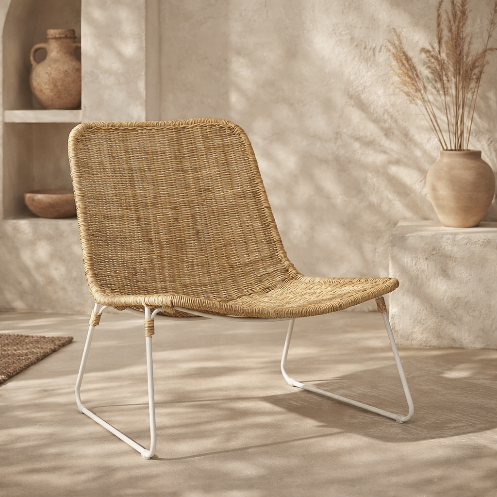 Nyika occasional chair with woven natural rattan seat and backrest on a white metal frame, styled in a warm textured interior.