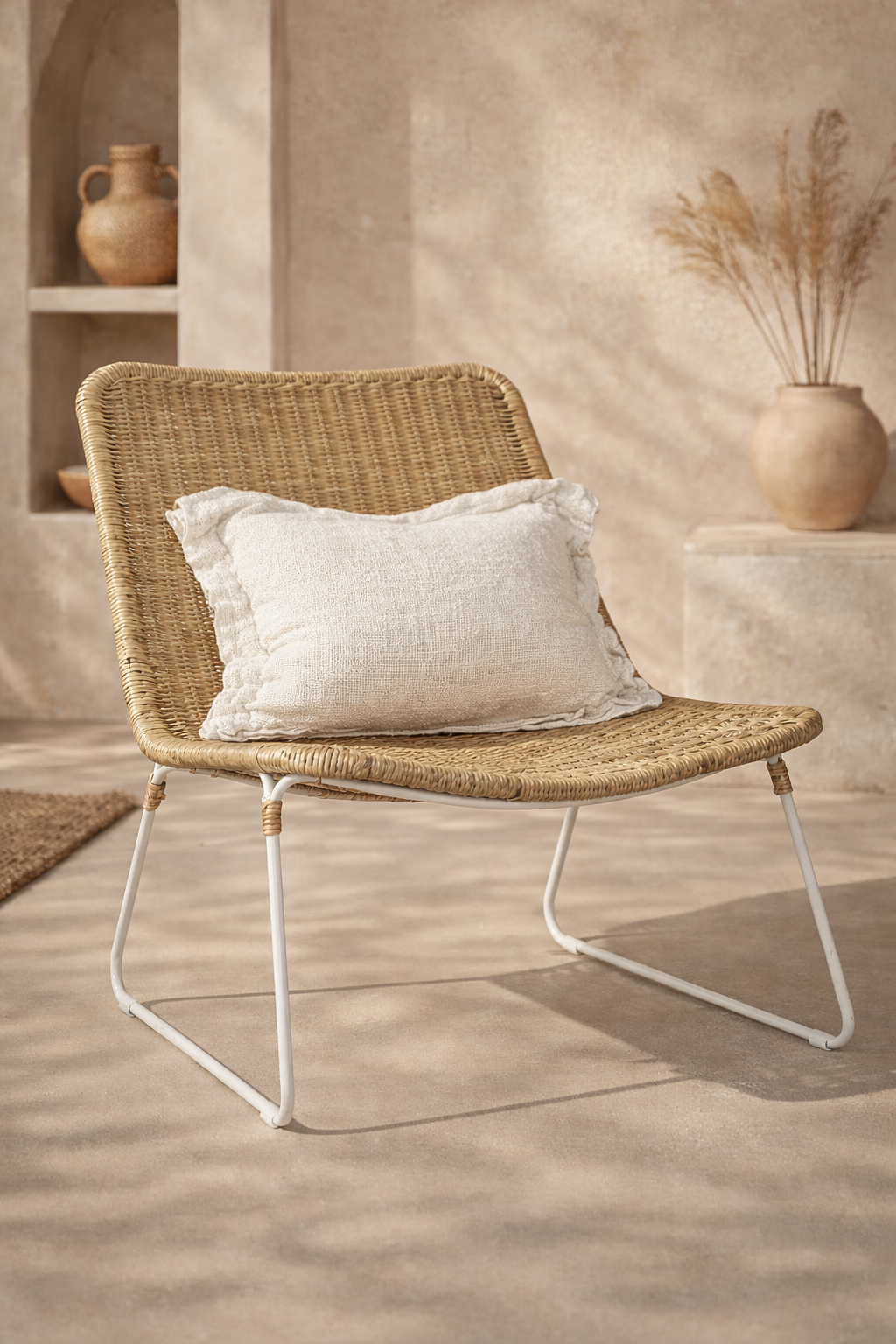 Nyika occasional chair with woven natural rattan seat and backrest on a white metal frame, styled with a neutral cushion in a warm textured interior.