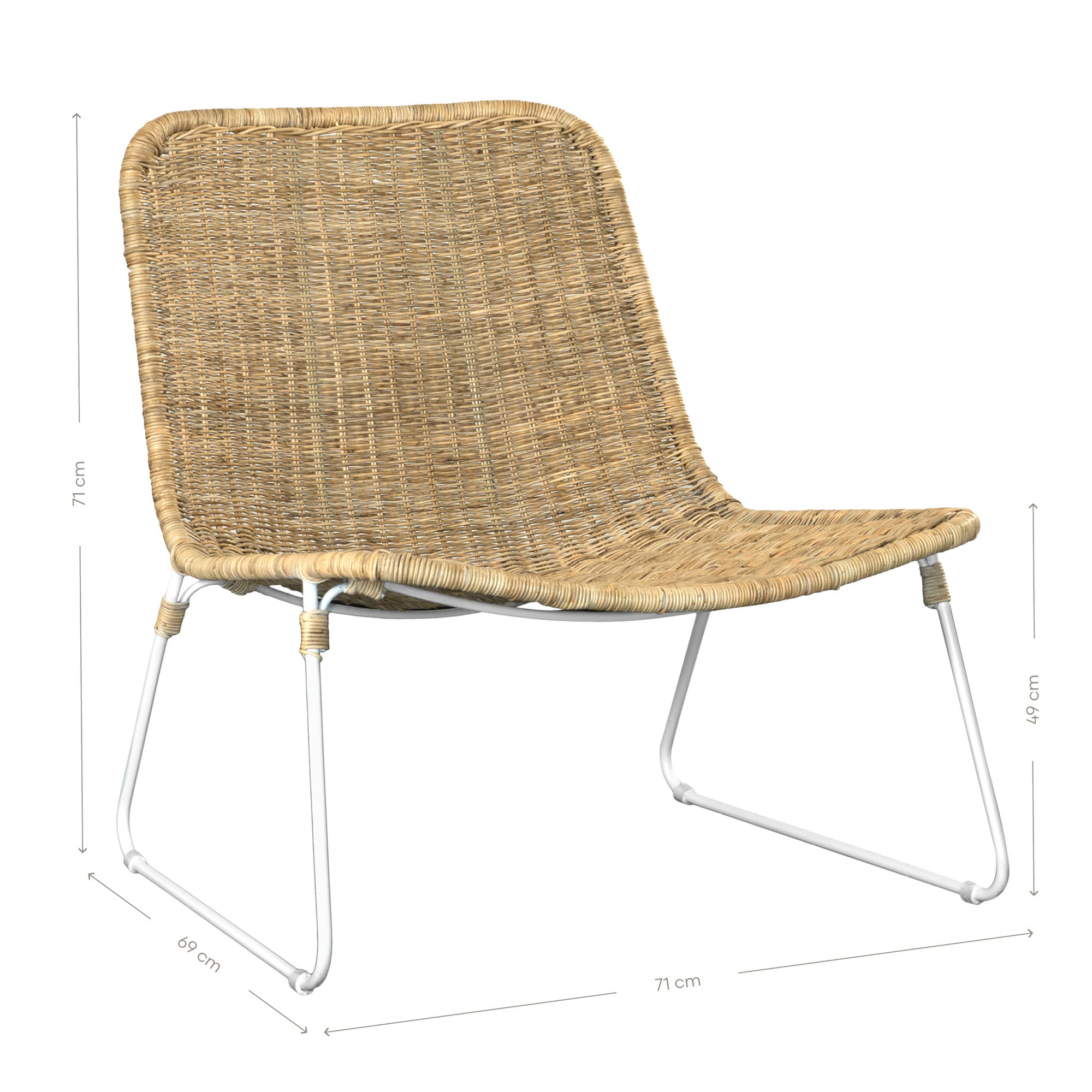 Nyika rattan occasional chair in natural weave with white metal sled frame isolated on a light background