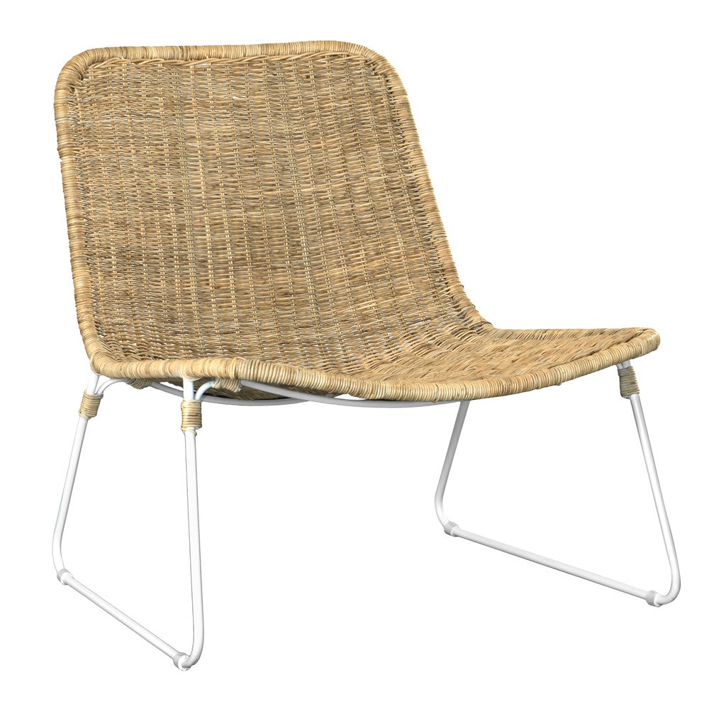 Nyika rattan occasional chair in natural weave with white metal sled frame isolated on a light background