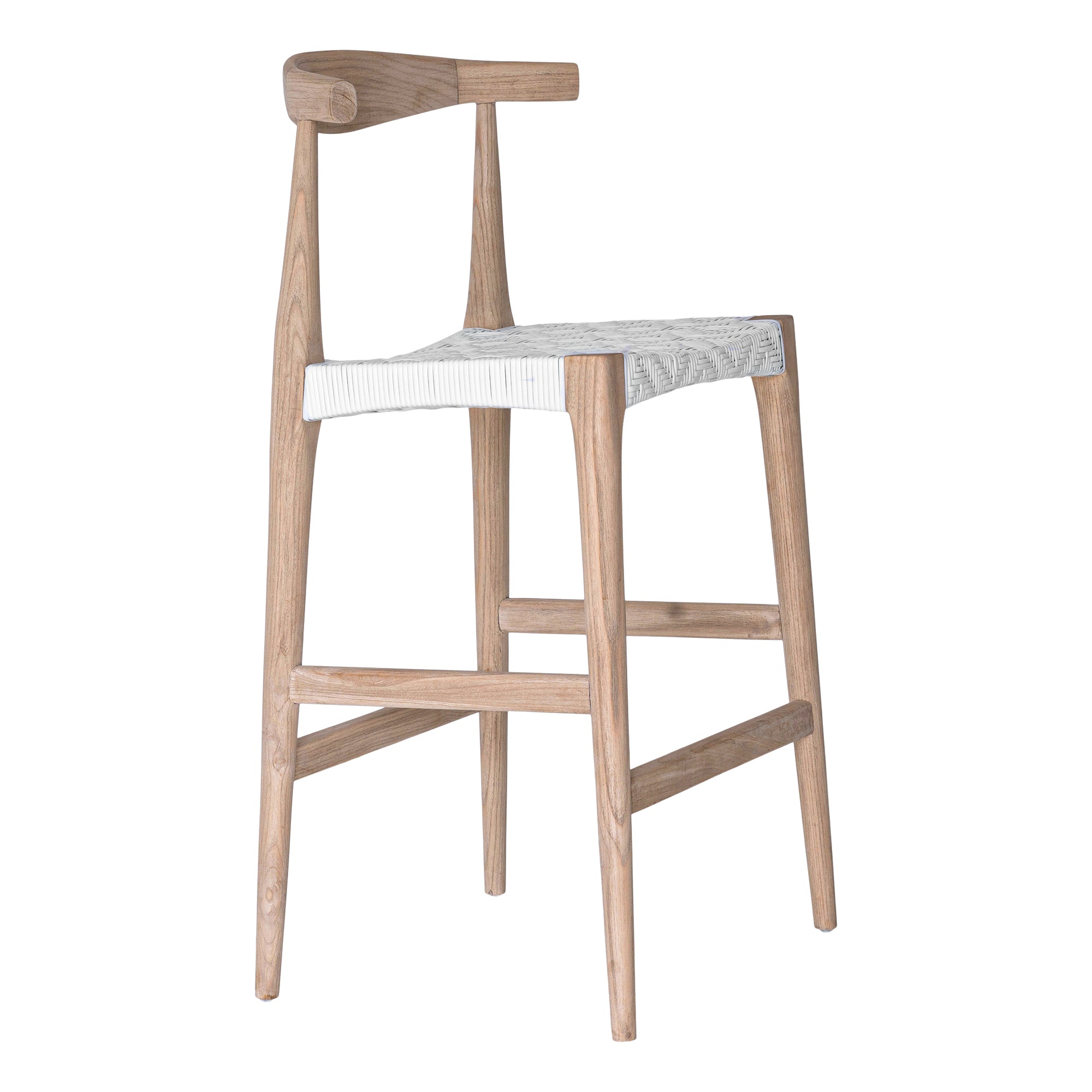 Kulala Living Lisbon Bar Chair in white, featuring a natural timber frame with a woven white seat and ergonomic curved backrest, designed for stylish and comfortable bar seating