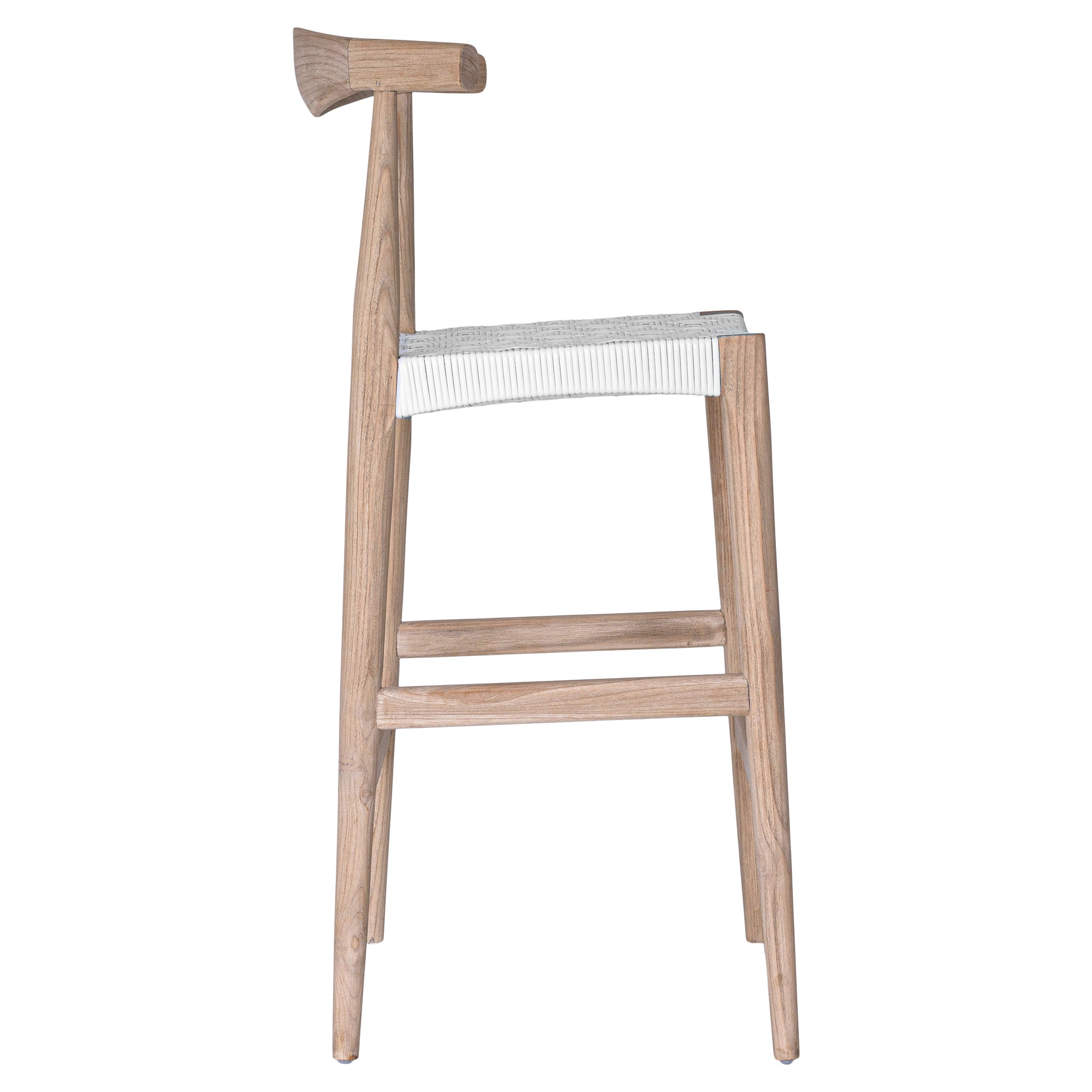 Kulala Living Lisbon Bar Chair in white, featuring a natural timber frame with a woven white seat and ergonomic curved backrest, designed for stylish and comfortable bar seating