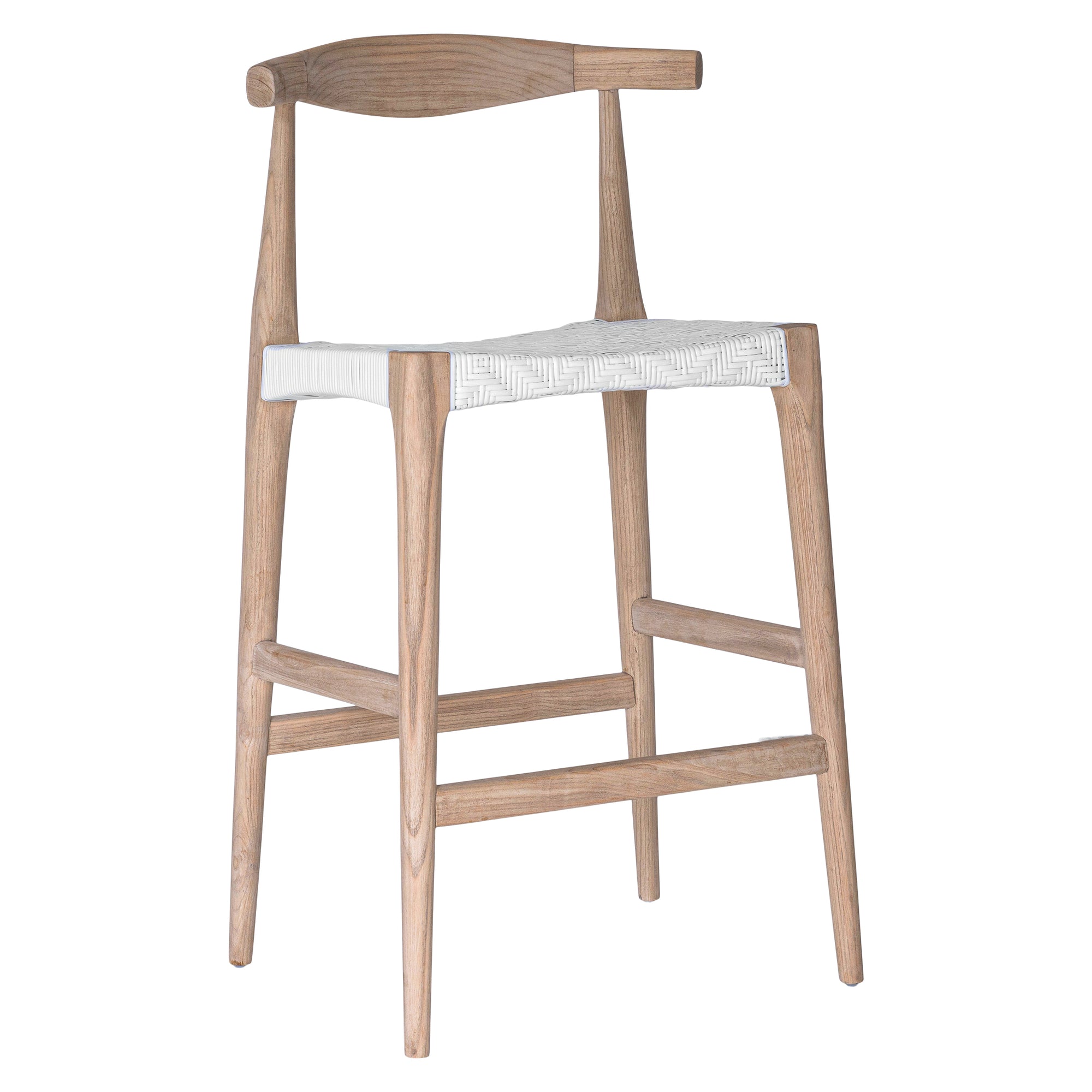 Kulala Living Lisbon Bar Chair in white, featuring a natural timber frame with a woven white seat and ergonomic curved backrest, designed for stylish and comfortable bar seating