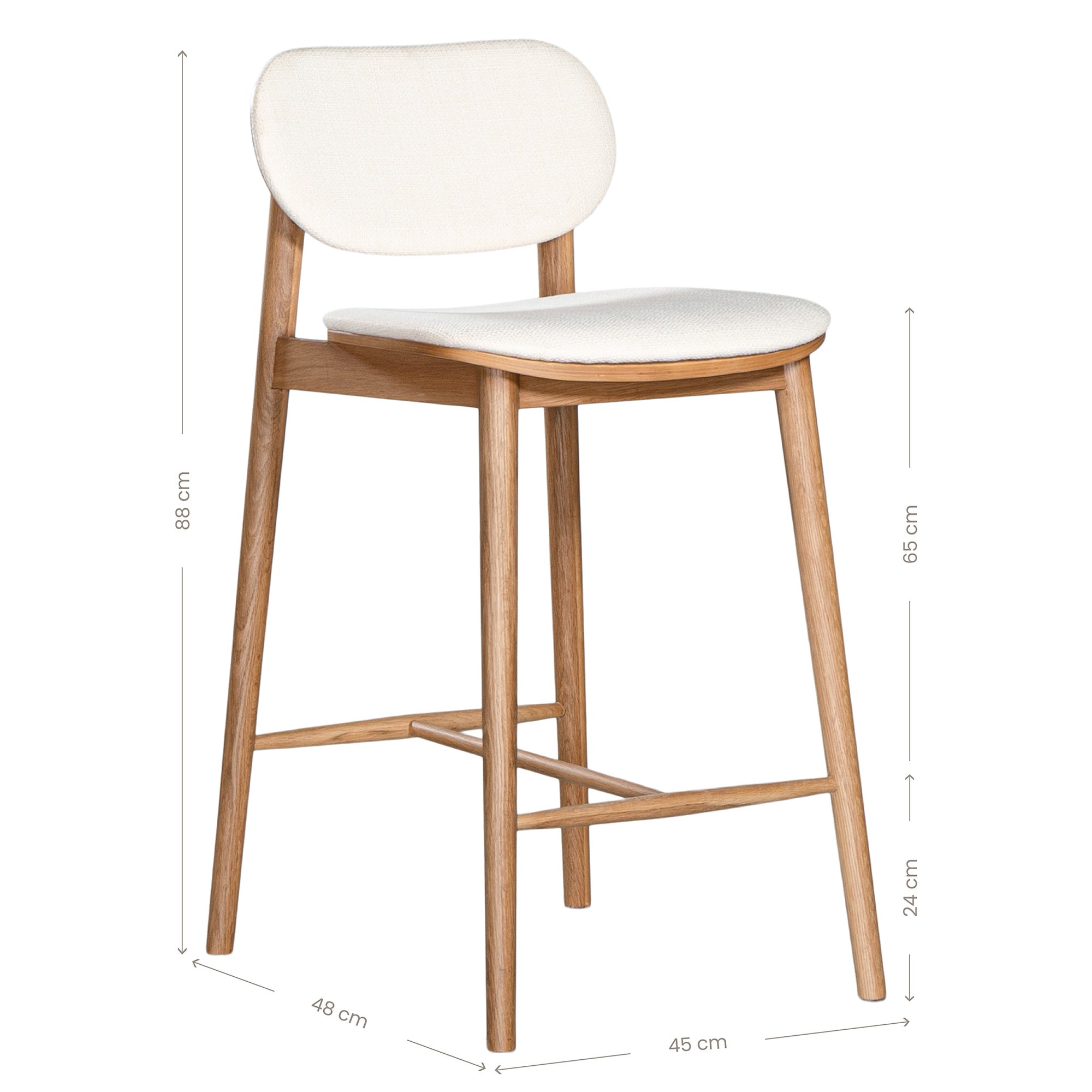 A contemporary bar stool featuring a natural oak frame with a curved white upholstered seat and backrest, designed for modern kitchens and dining spaces