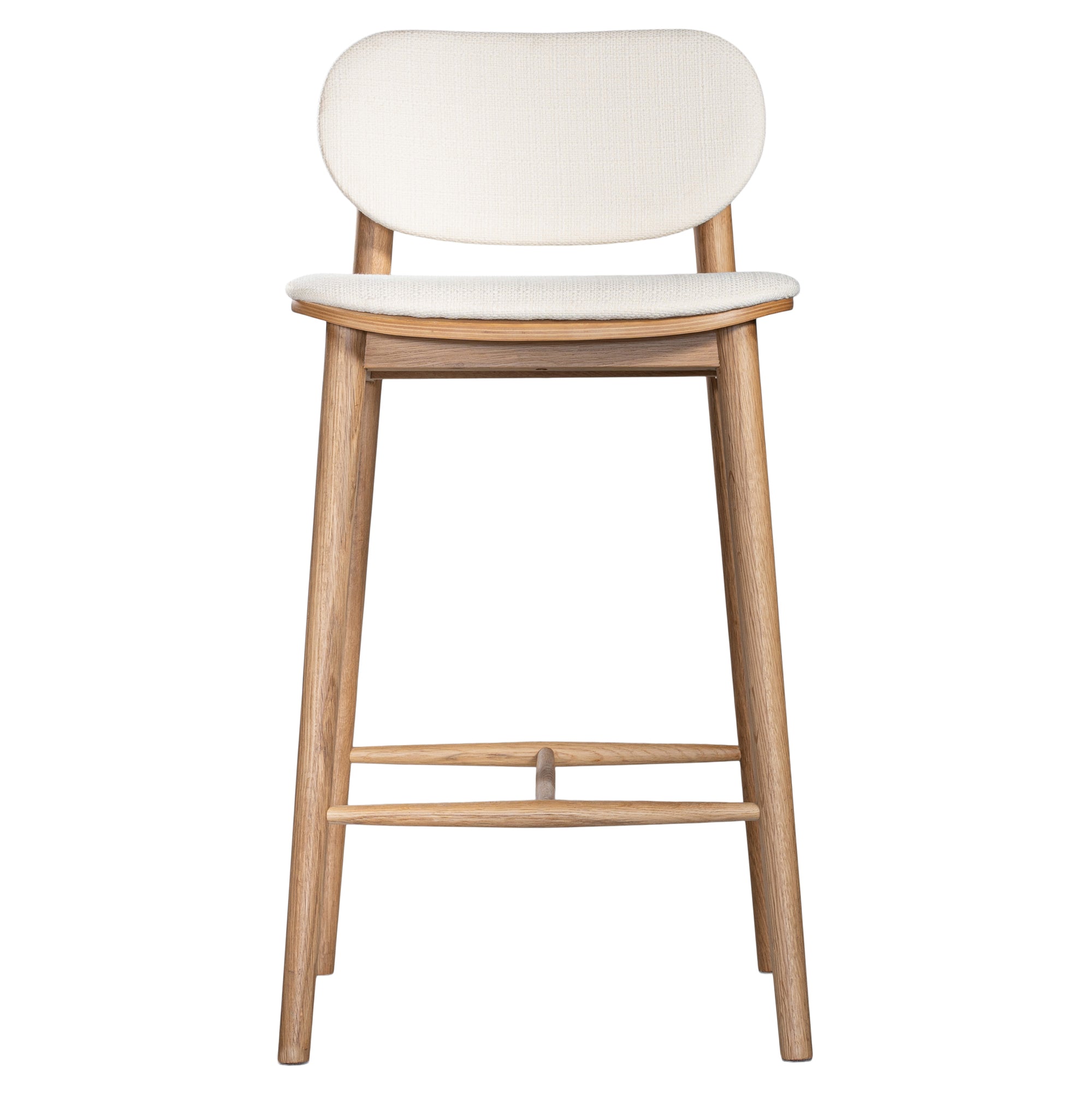 A contemporary bar stool featuring a natural oak frame with a curved white upholstered seat and backrest, designed for modern kitchens and dining spaces