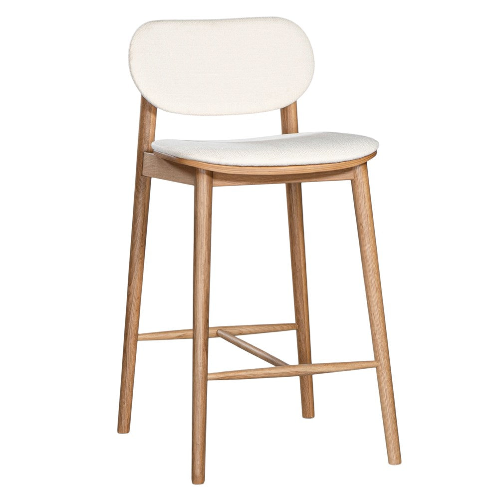 A contemporary bar stool featuring a natural oak frame with a curved white upholstered seat and backrest, designed for modern kitchens and dining spaces